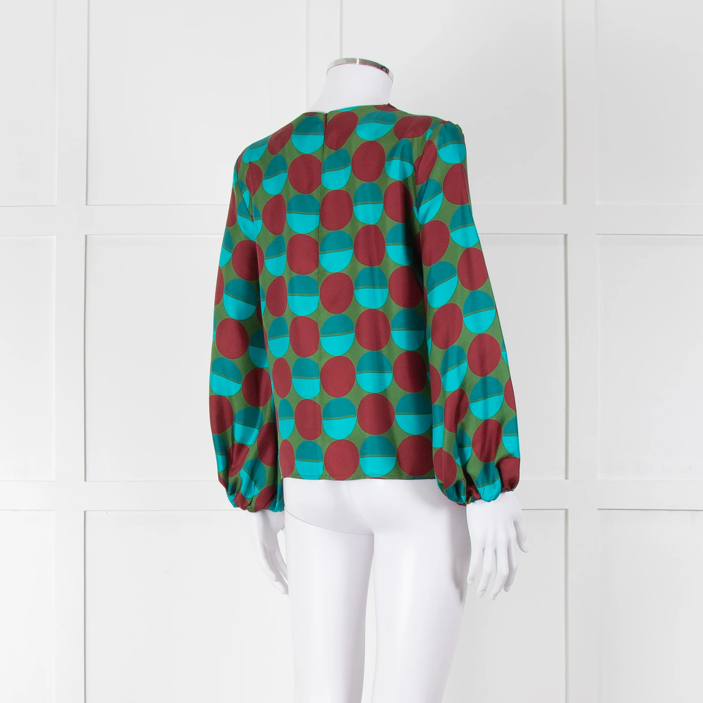 La Double J Green Burgundy Blue Circle Print Long Sleeve Silk Top - Image 4