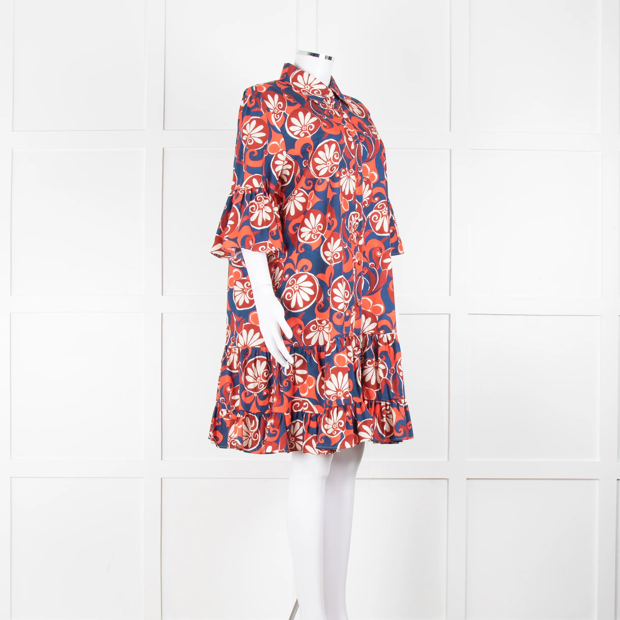 La Double J Navy Red Floral Cotton Frill Trim Tunic Dress - Image 2