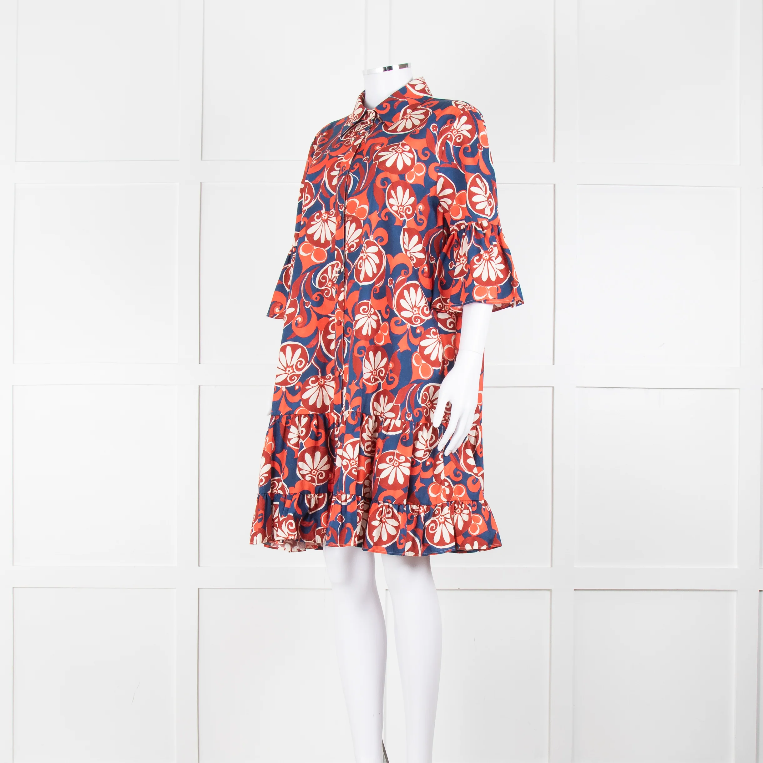 La Double J Navy Red Floral Cotton Frill Trim Tunic Dress - Image 8