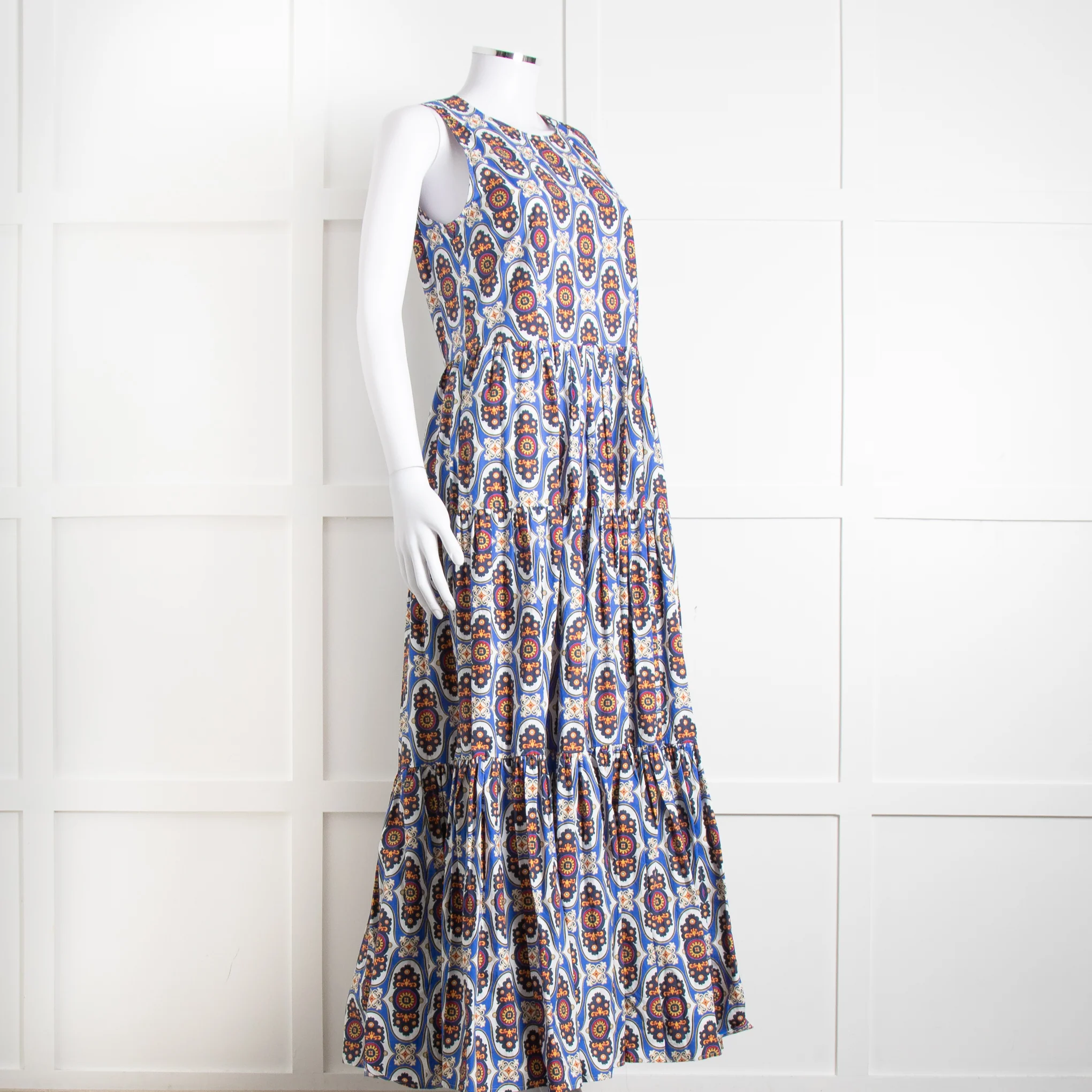 La Double J White Blue Cotton Sleeveless Tiered Maxi Dress - Image 2