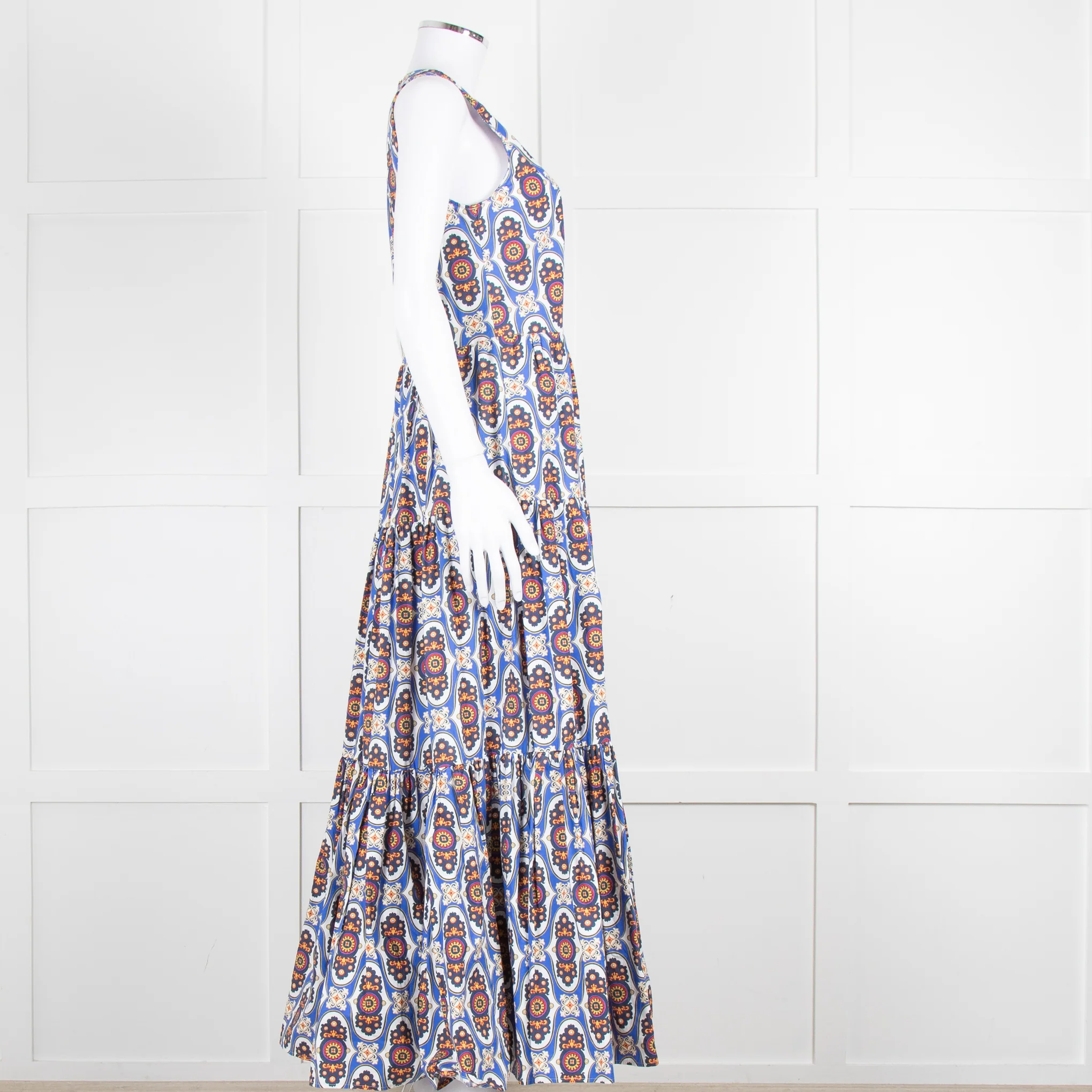 La Double J White Blue Cotton Sleeveless Tiered Maxi Dress - Image 3
