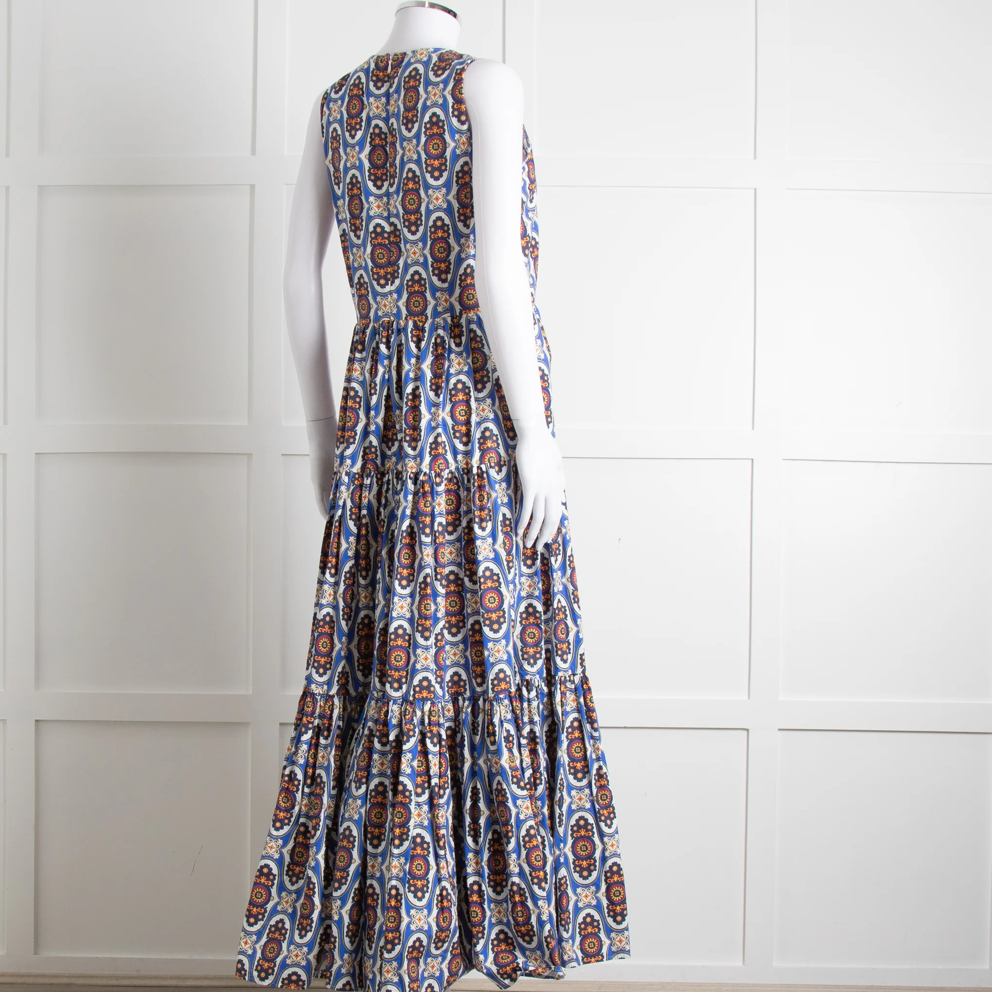 La Double J White Blue Cotton Sleeveless Tiered Maxi Dress - Image 4