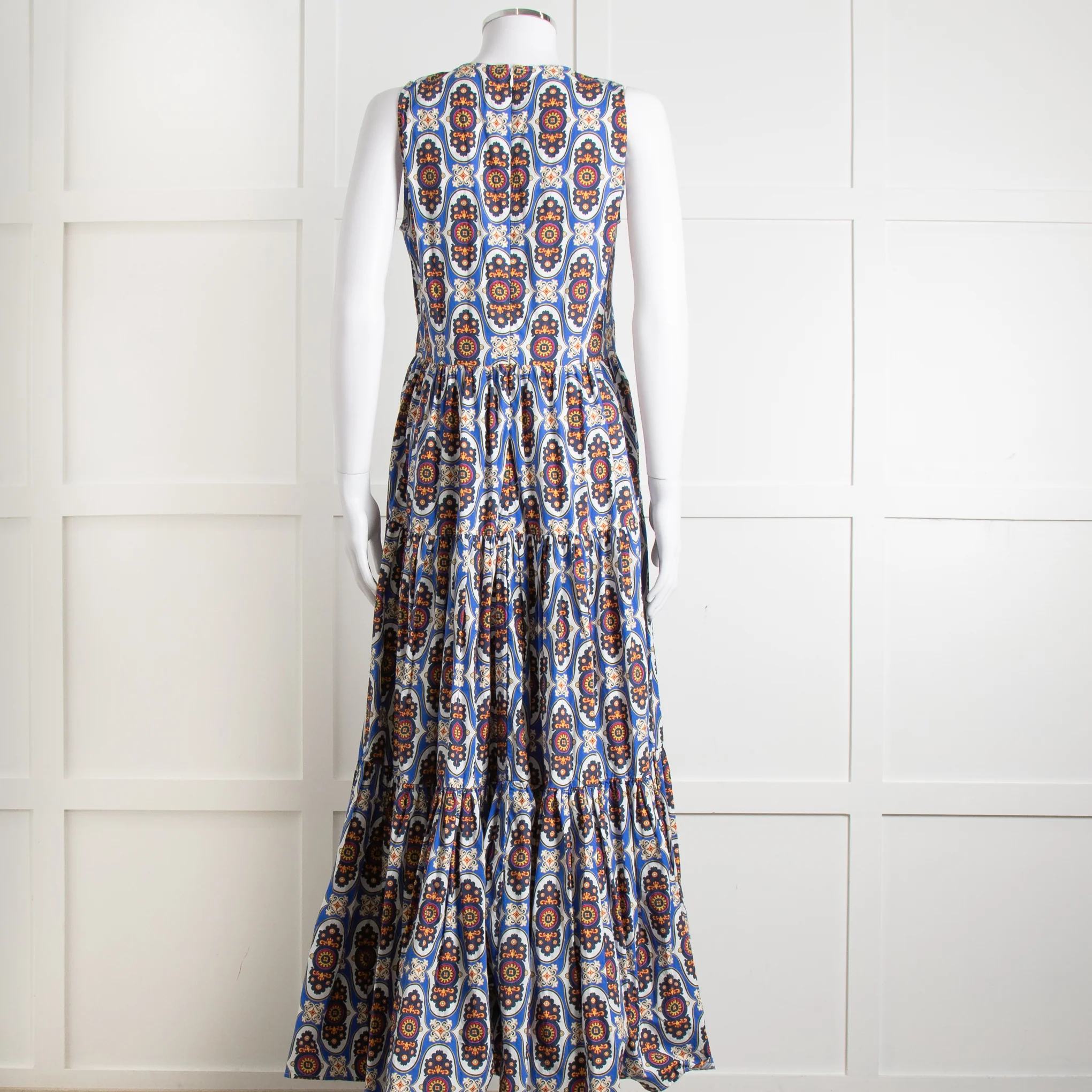 La Double J White Blue Cotton Sleeveless Tiered Maxi Dress - Image 5
