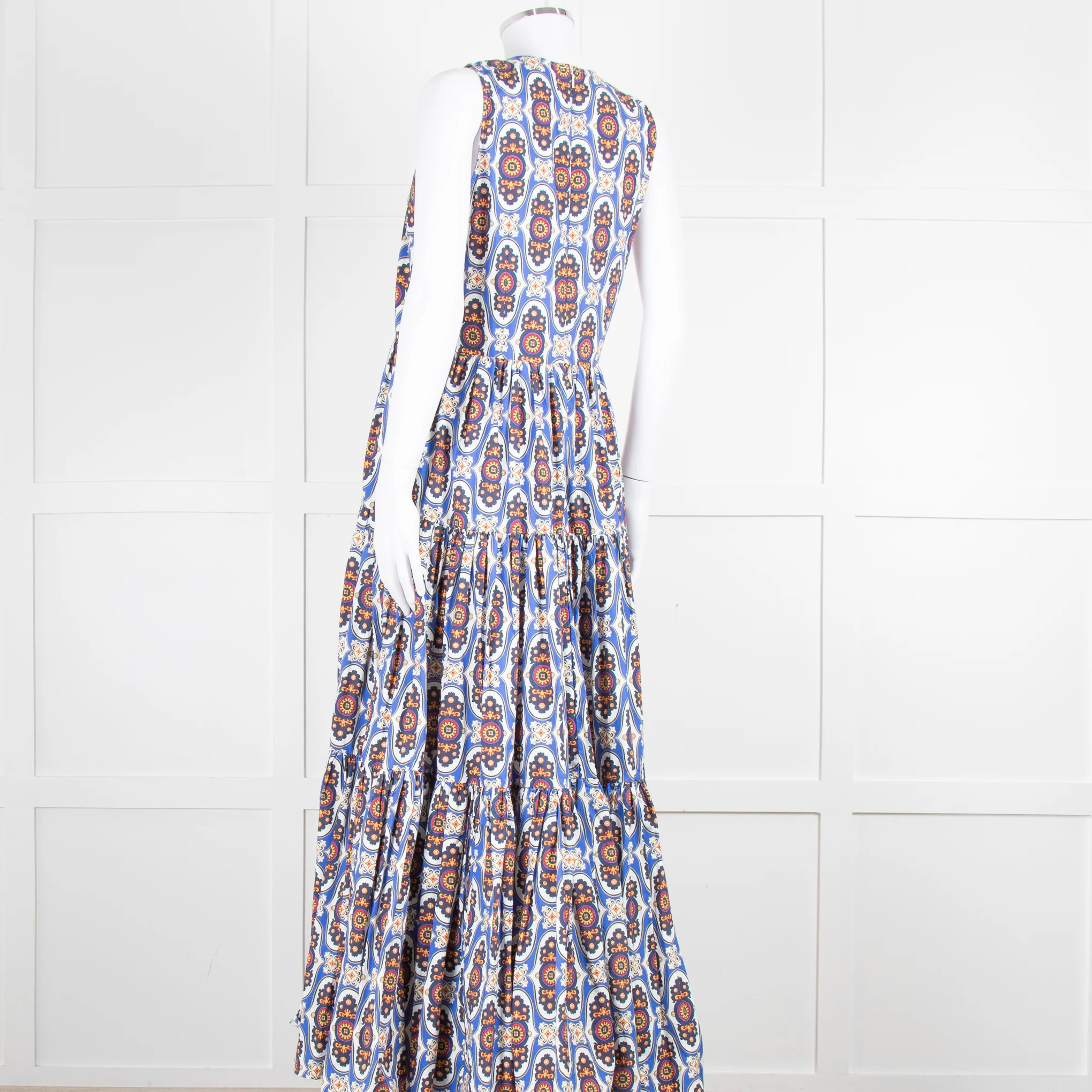 La Double J White Blue Cotton Sleeveless Tiered Maxi Dress - Image 6