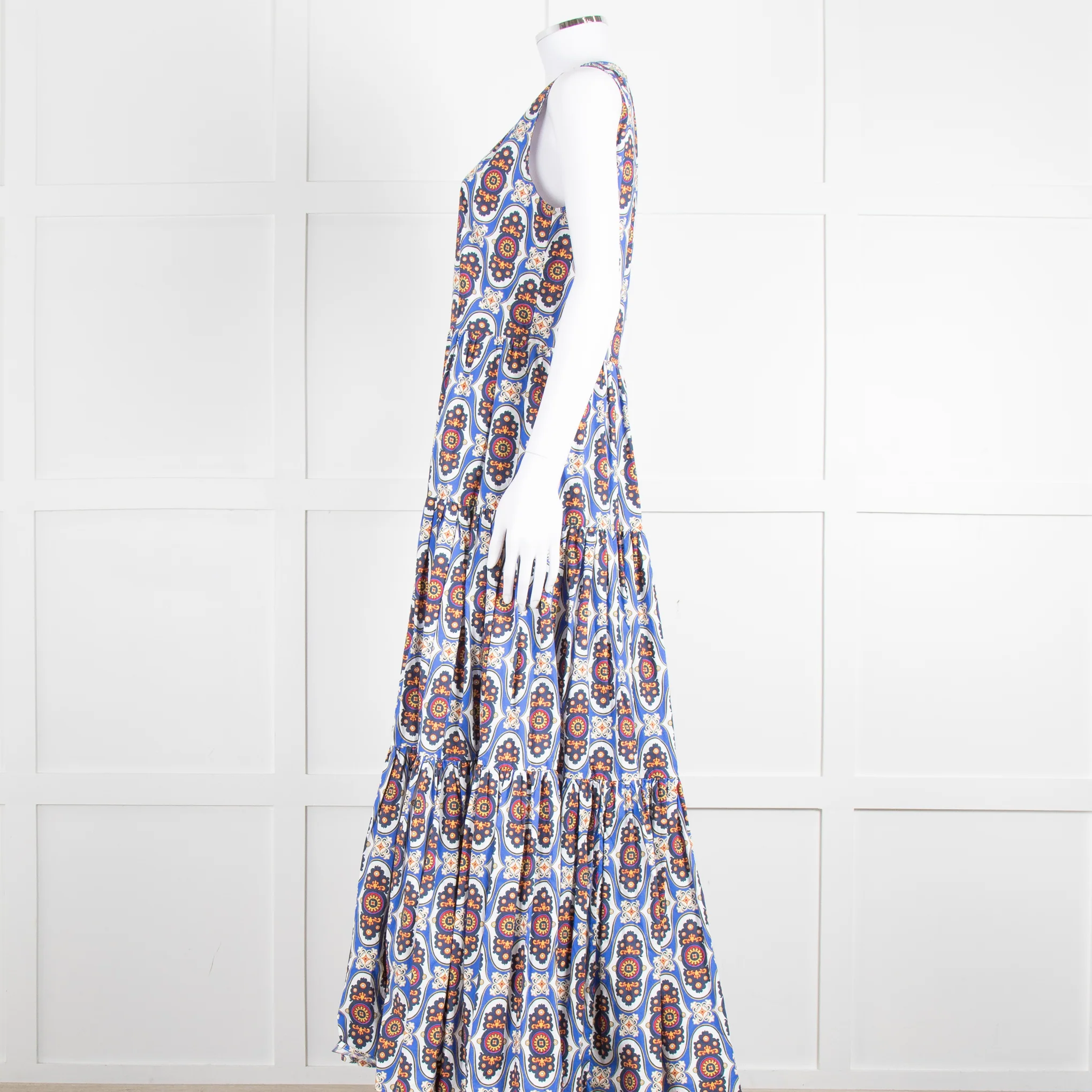 La Double J White Blue Cotton Sleeveless Tiered Maxi Dress - Image 7