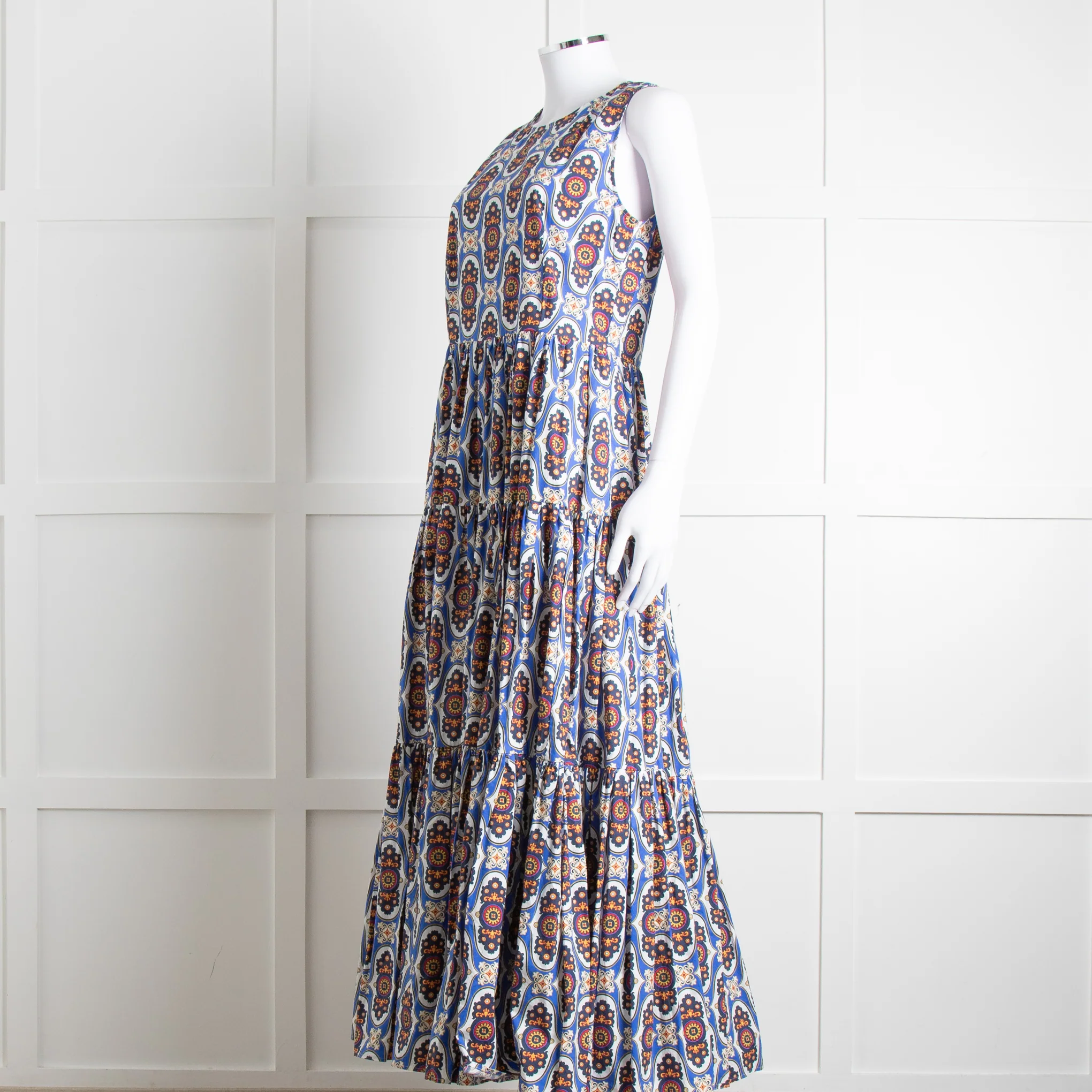 La Double J White Blue Cotton Sleeveless Tiered Maxi Dress - Image 8