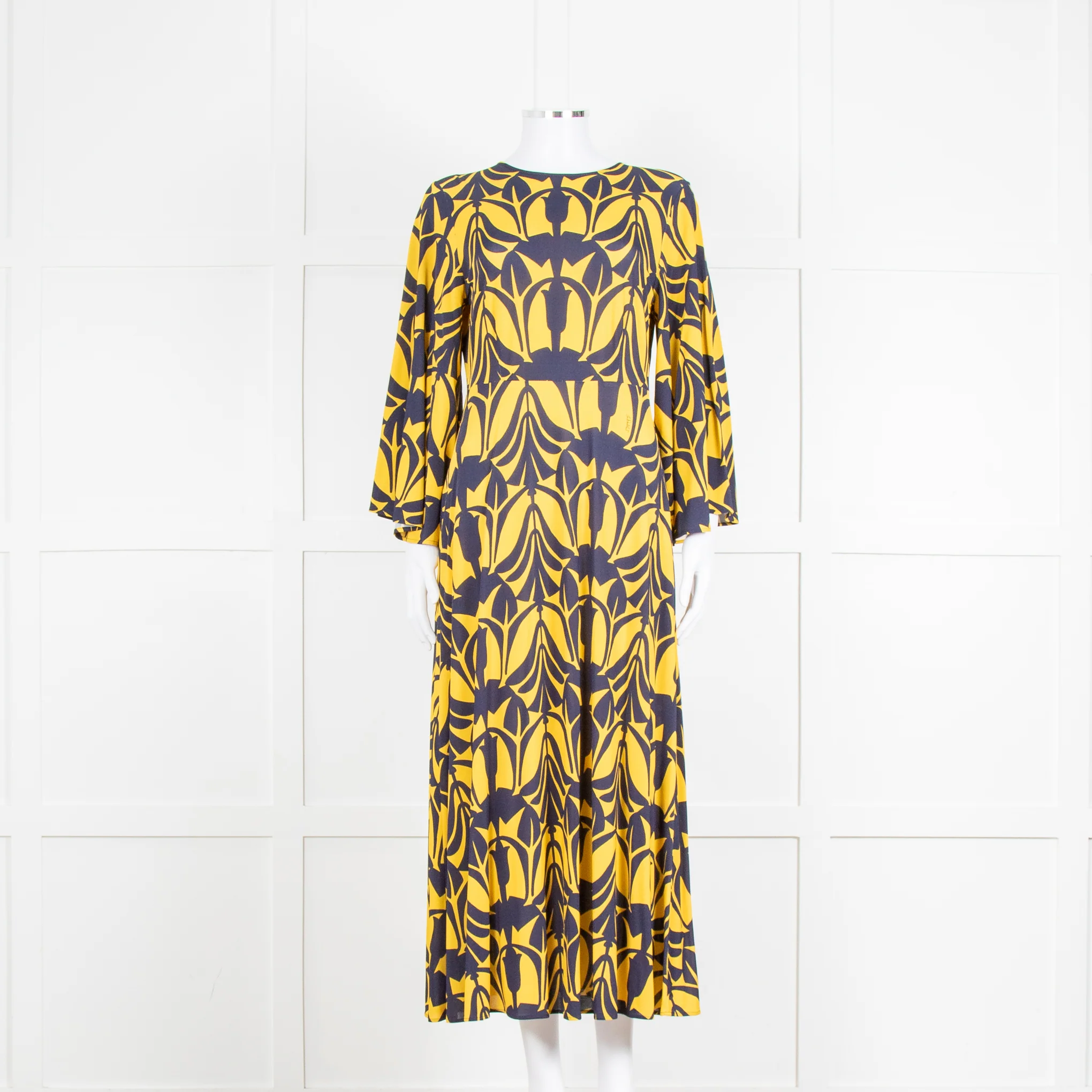 La Double J Yellow and Blue Flower Print Jersey Dress with Fluted Sleeves