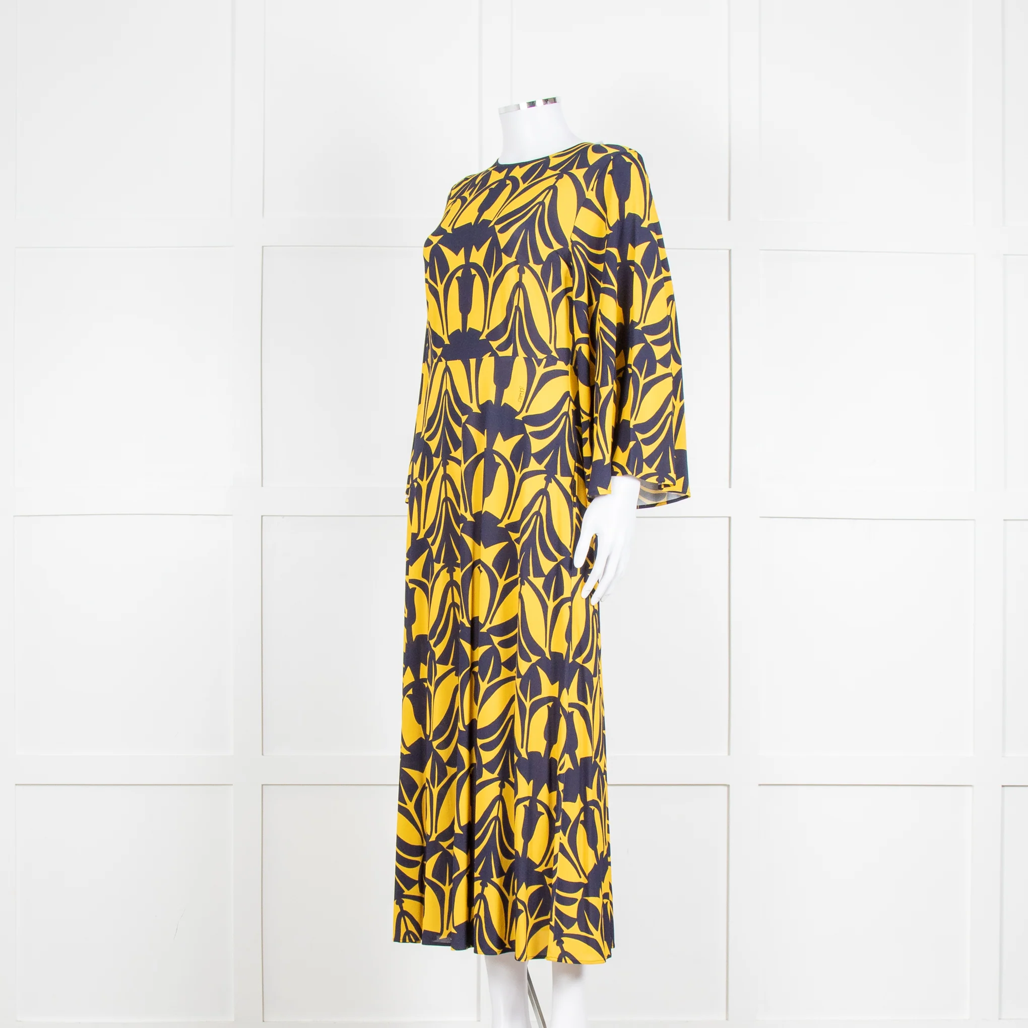 La Double J Yellow and Blue Flower Print Jersey Dress with Fluted Sleeves - Image 2