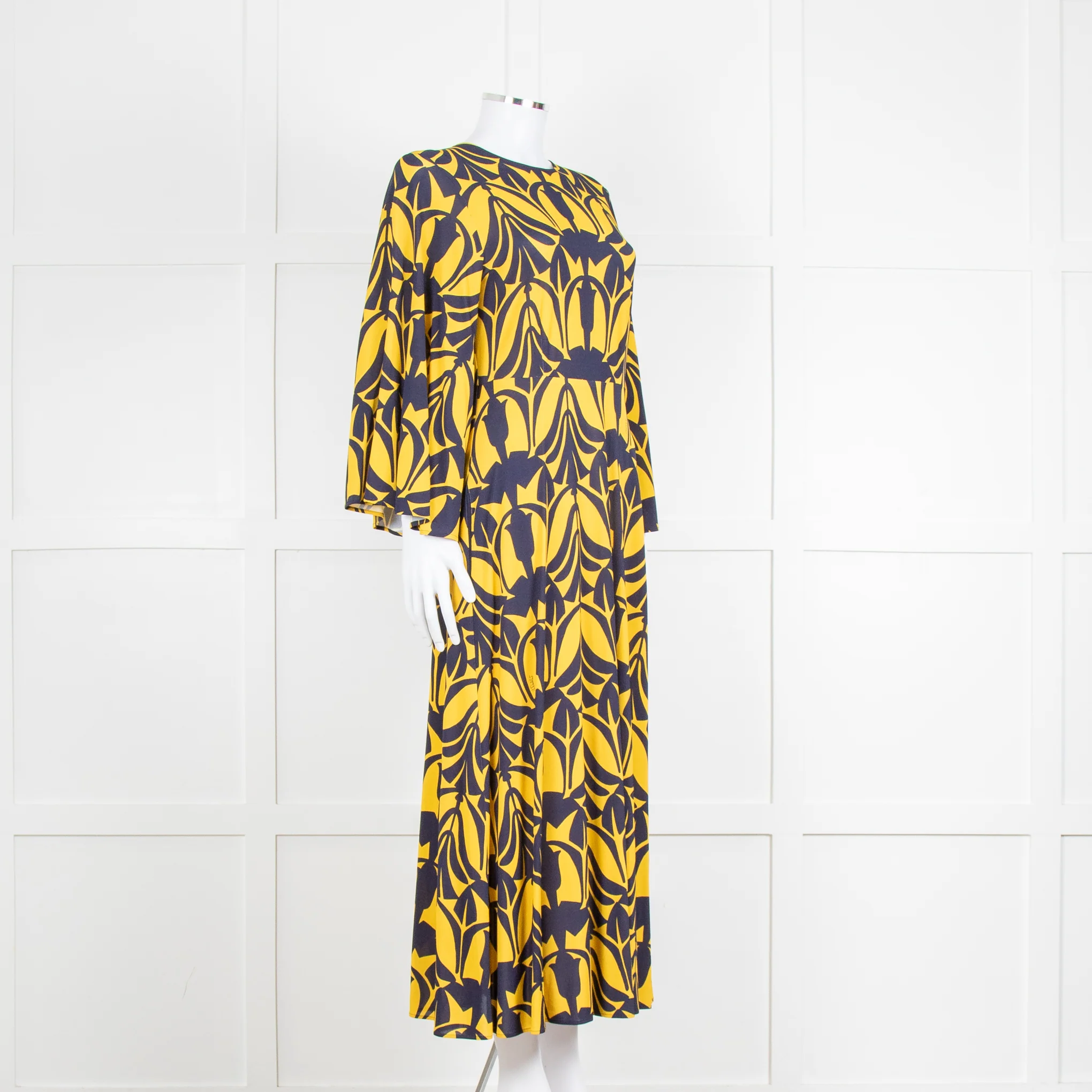 La Double J Yellow and Blue Flower Print Jersey Dress with Fluted Sleeves - Image 3