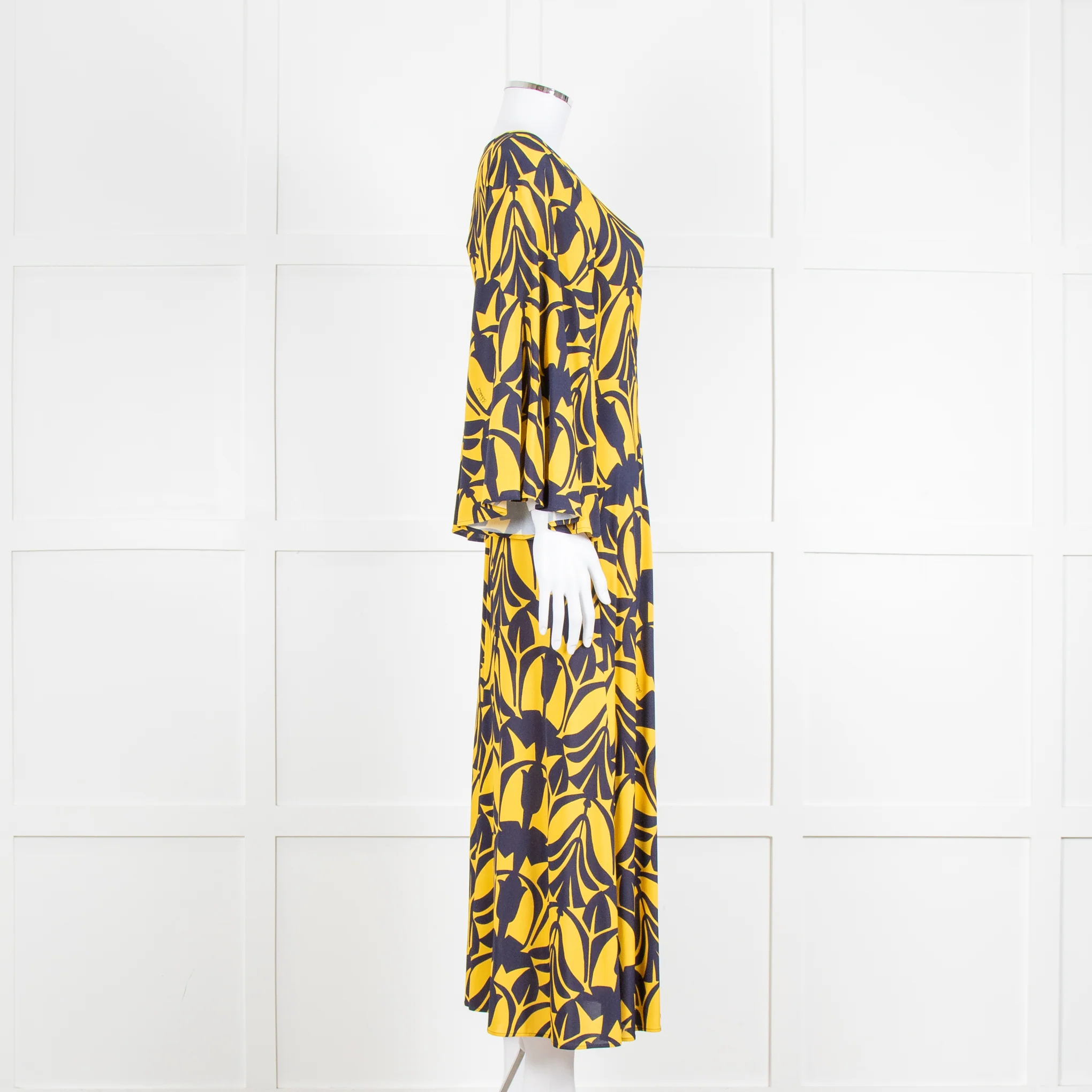 La Double J Yellow and Blue Flower Print Jersey Dress with Fluted Sleeves - Image 4