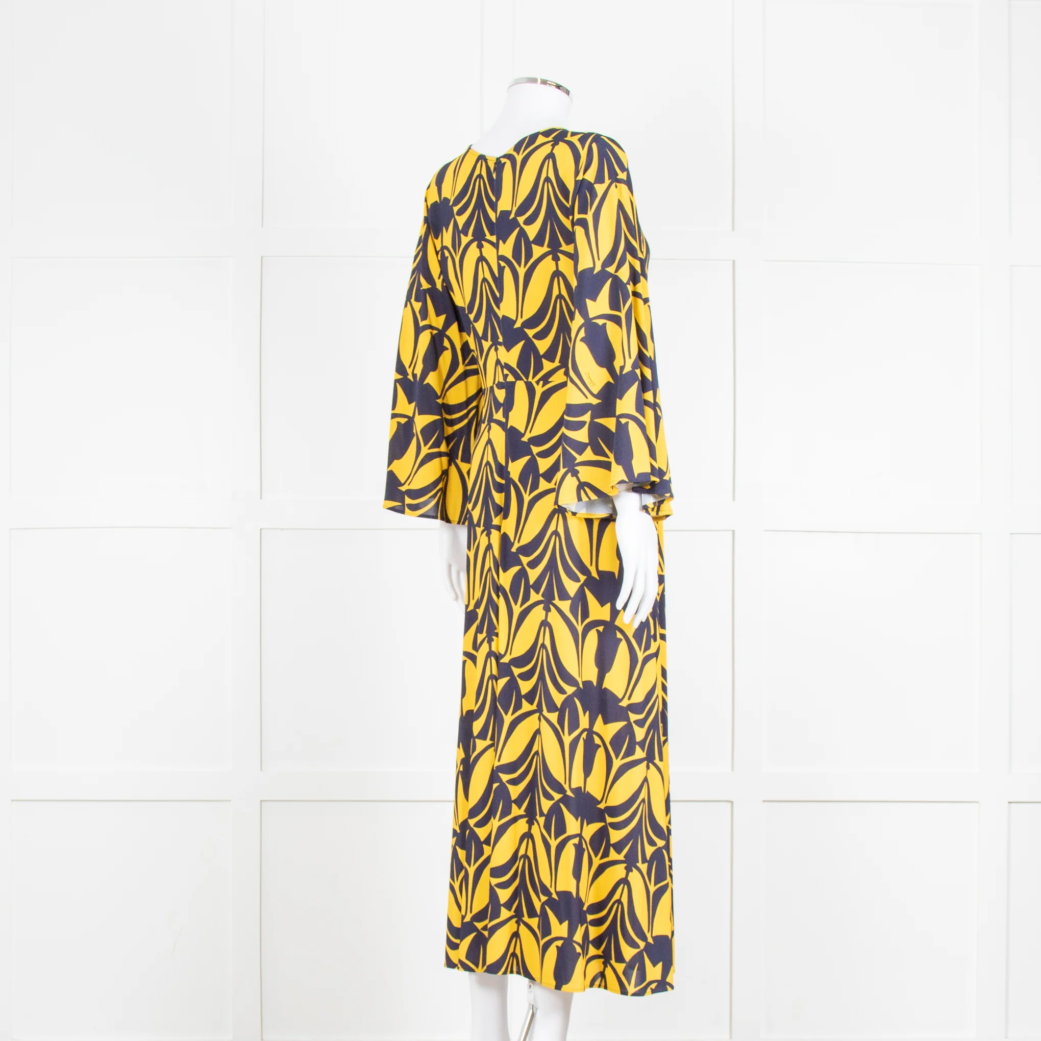 La Double J Yellow and Blue Flower Print Jersey Dress with Fluted Sleeves - Image 5