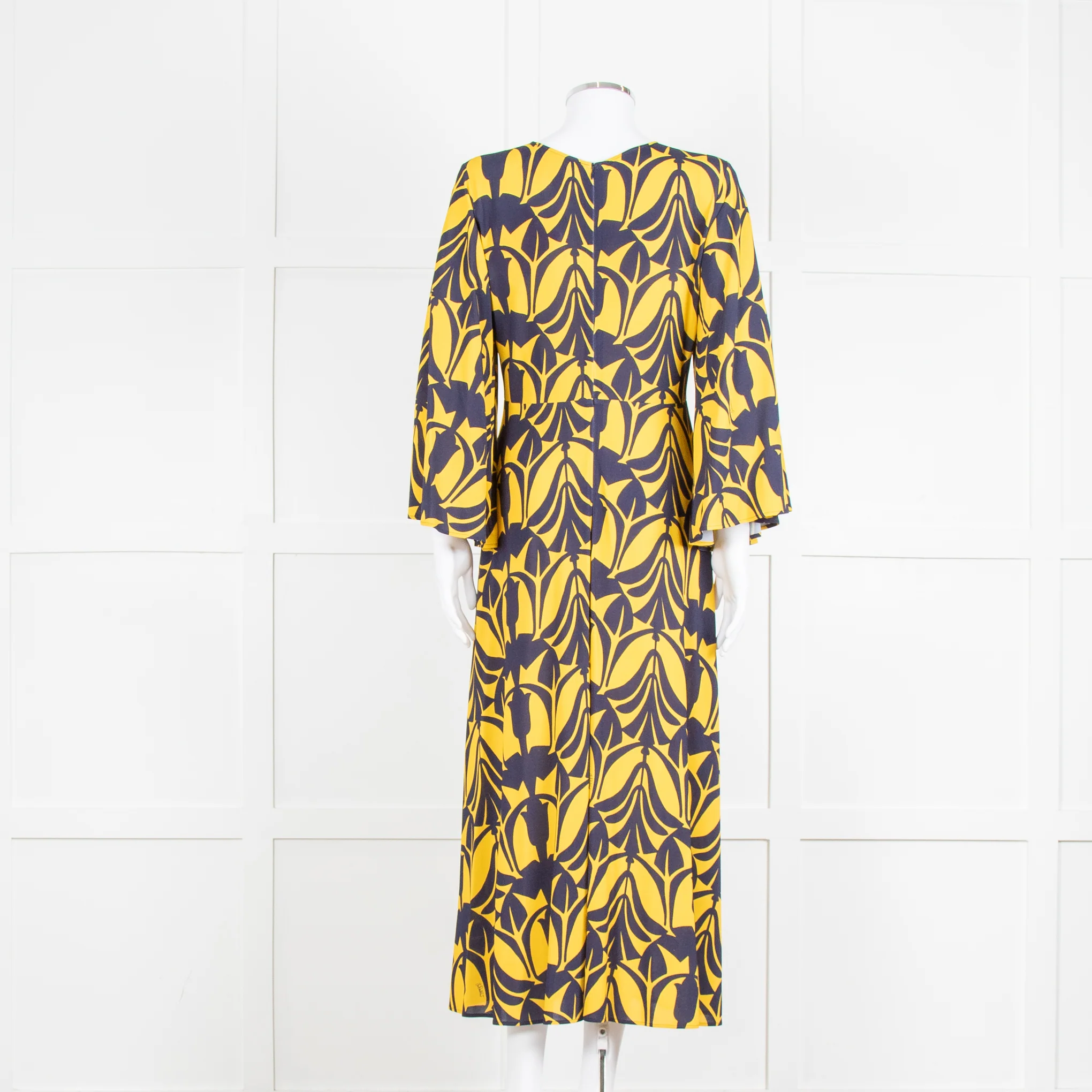 La Double J Yellow and Blue Flower Print Jersey Dress with Fluted Sleeves - Image 6