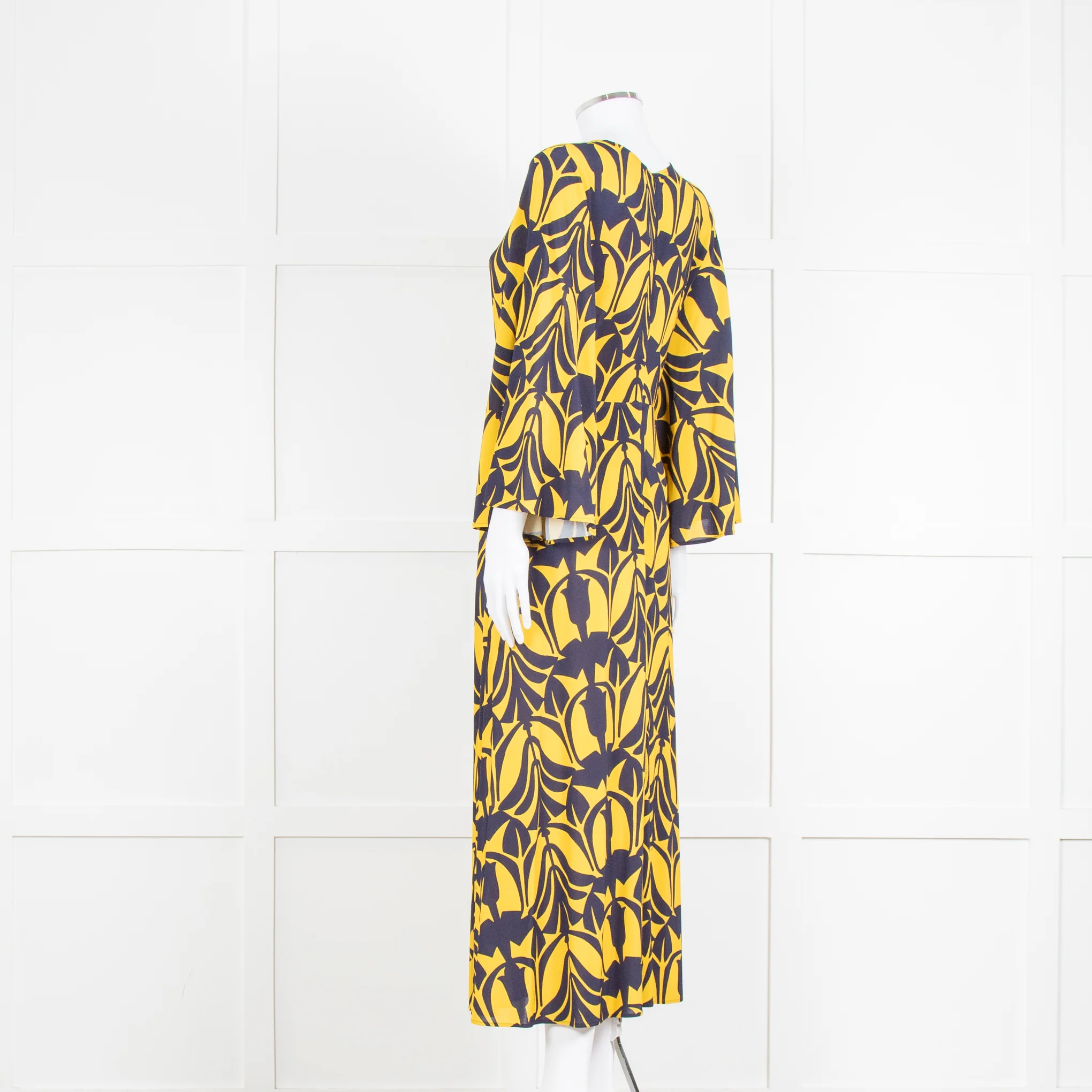 La Double J Yellow and Blue Flower Print Jersey Dress with Fluted Sleeves - Image 7