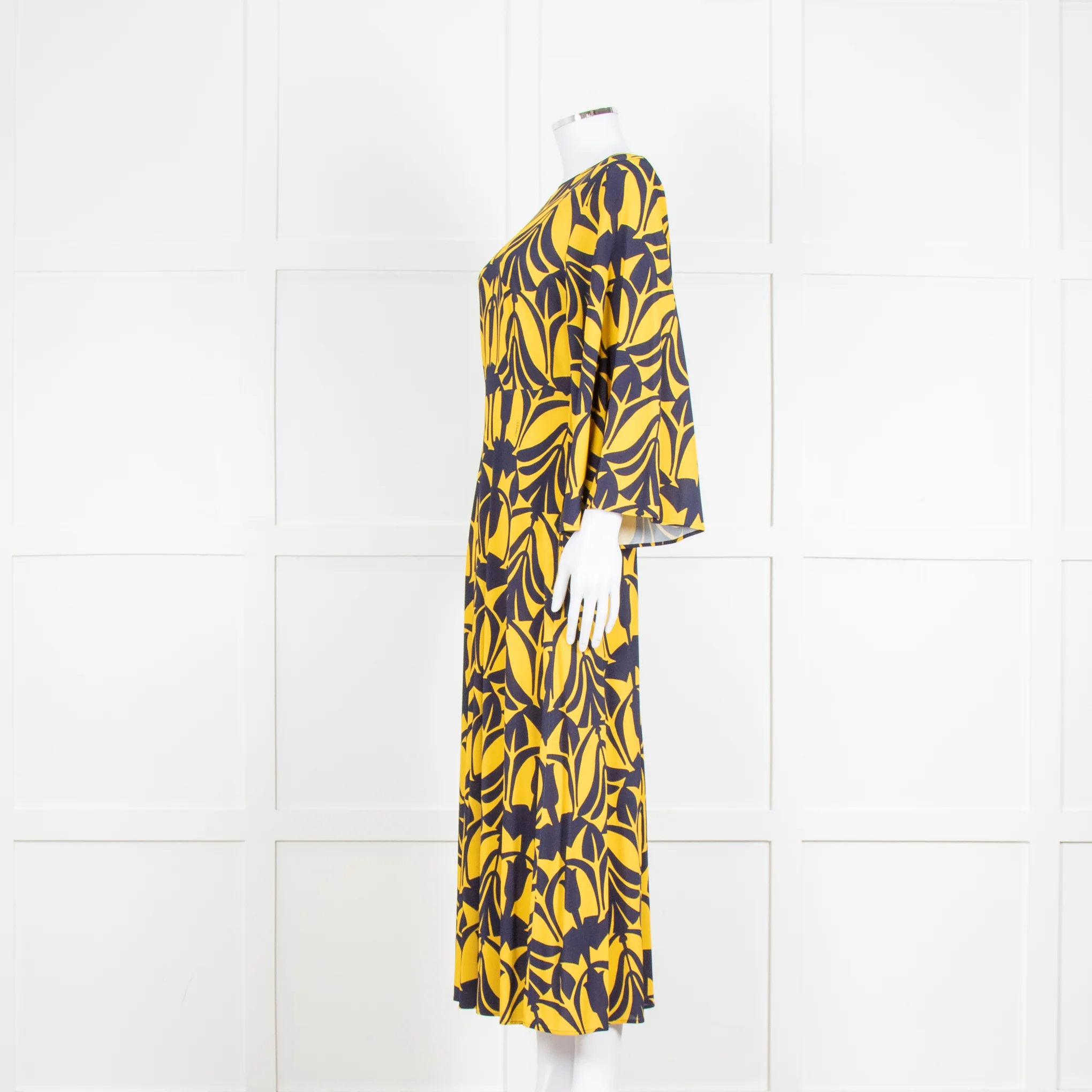La Double J Yellow and Blue Flower Print Jersey Dress with Fluted Sleeves - Image 8