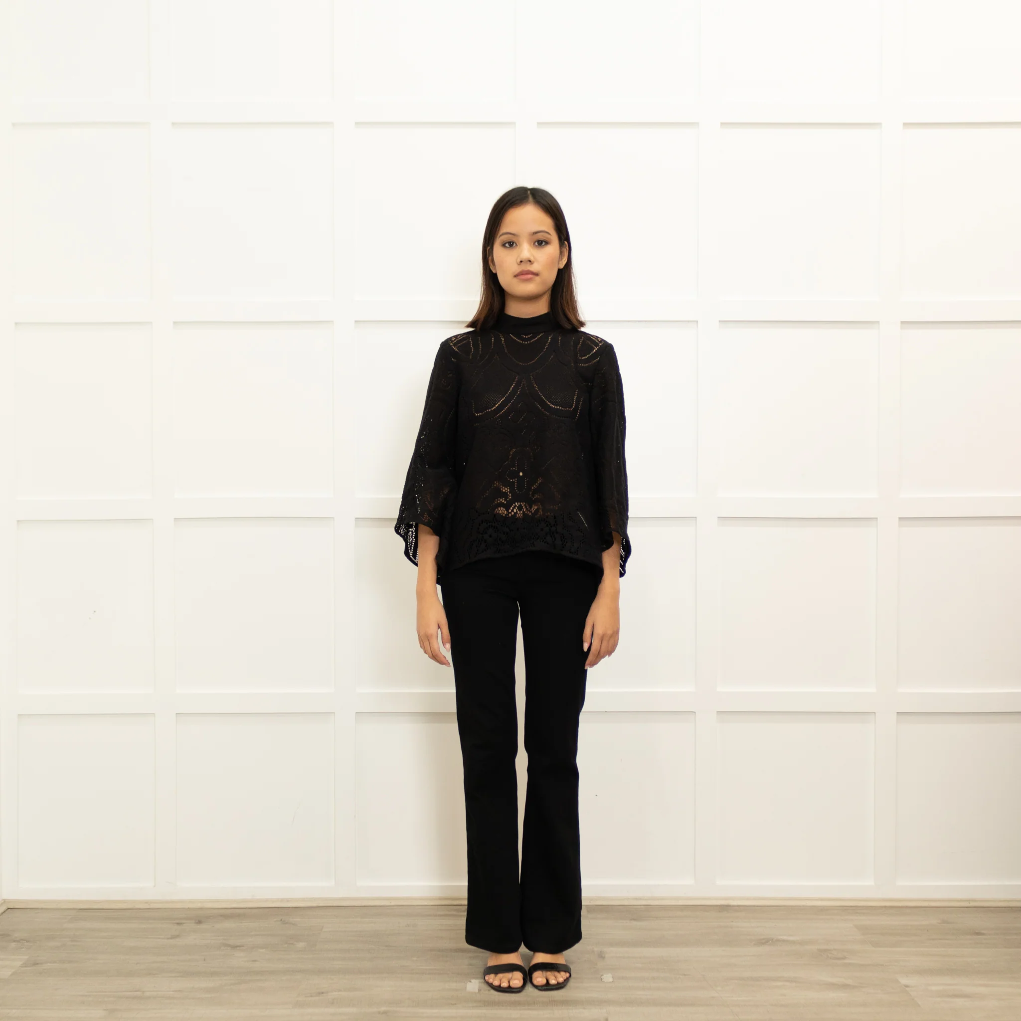 La Double J Black Lace Bell Sleeve Top
