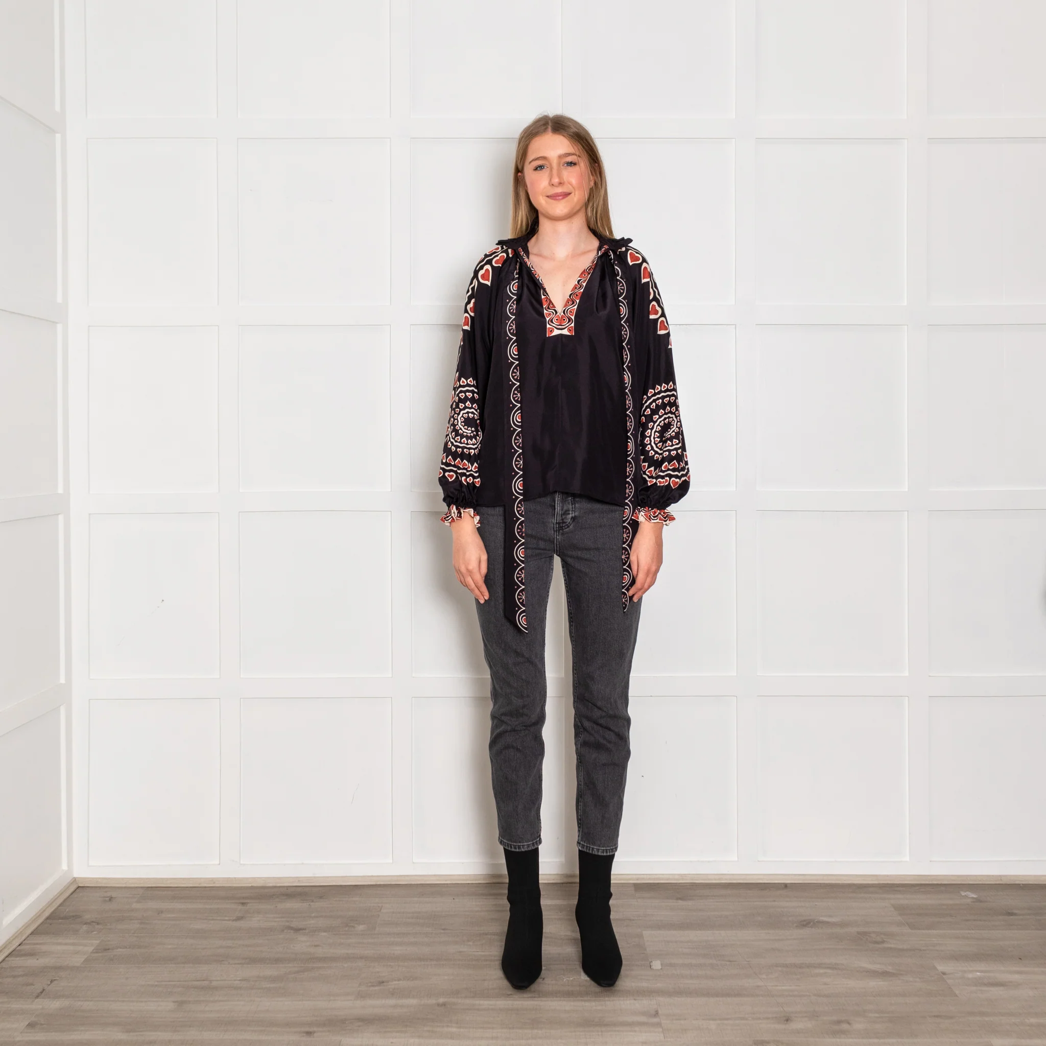 La Double J Black Red Cream Heart Print Silk Top
