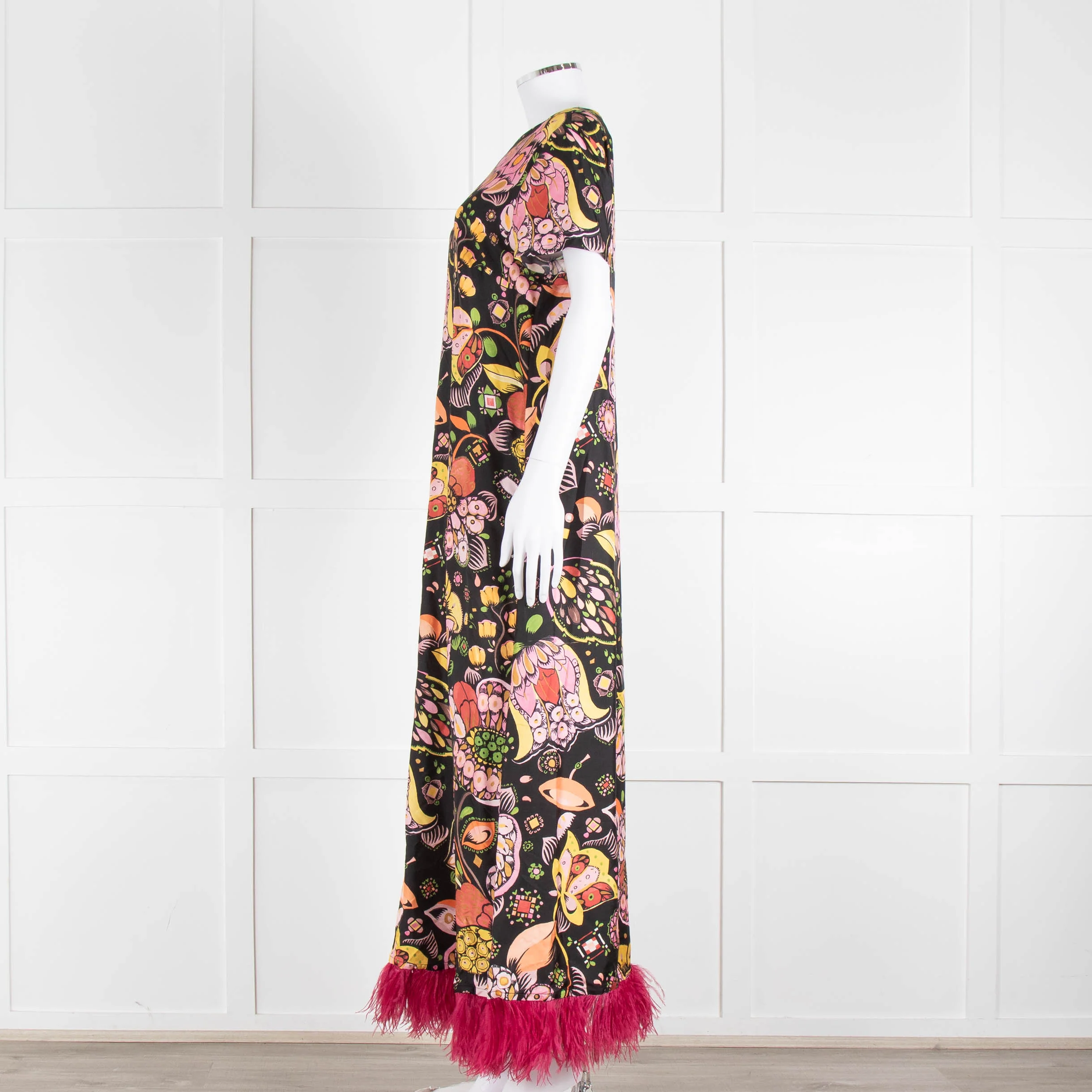 La DoubleJ Black Silk Ostrich Feather Trim Patterned Maxi Dress - Image 7