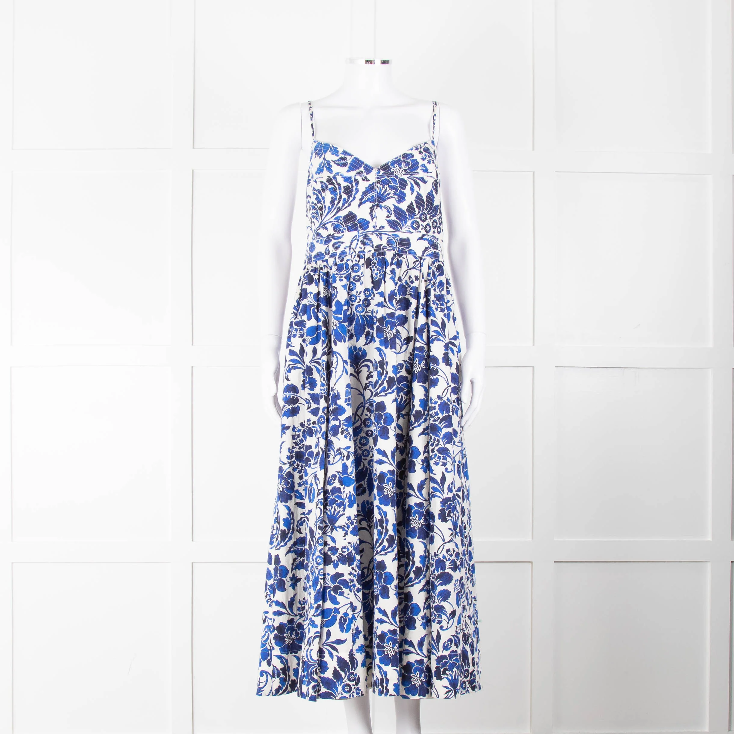 La Ligne White Blue Floral Sleeveless Cotton Midi Dress