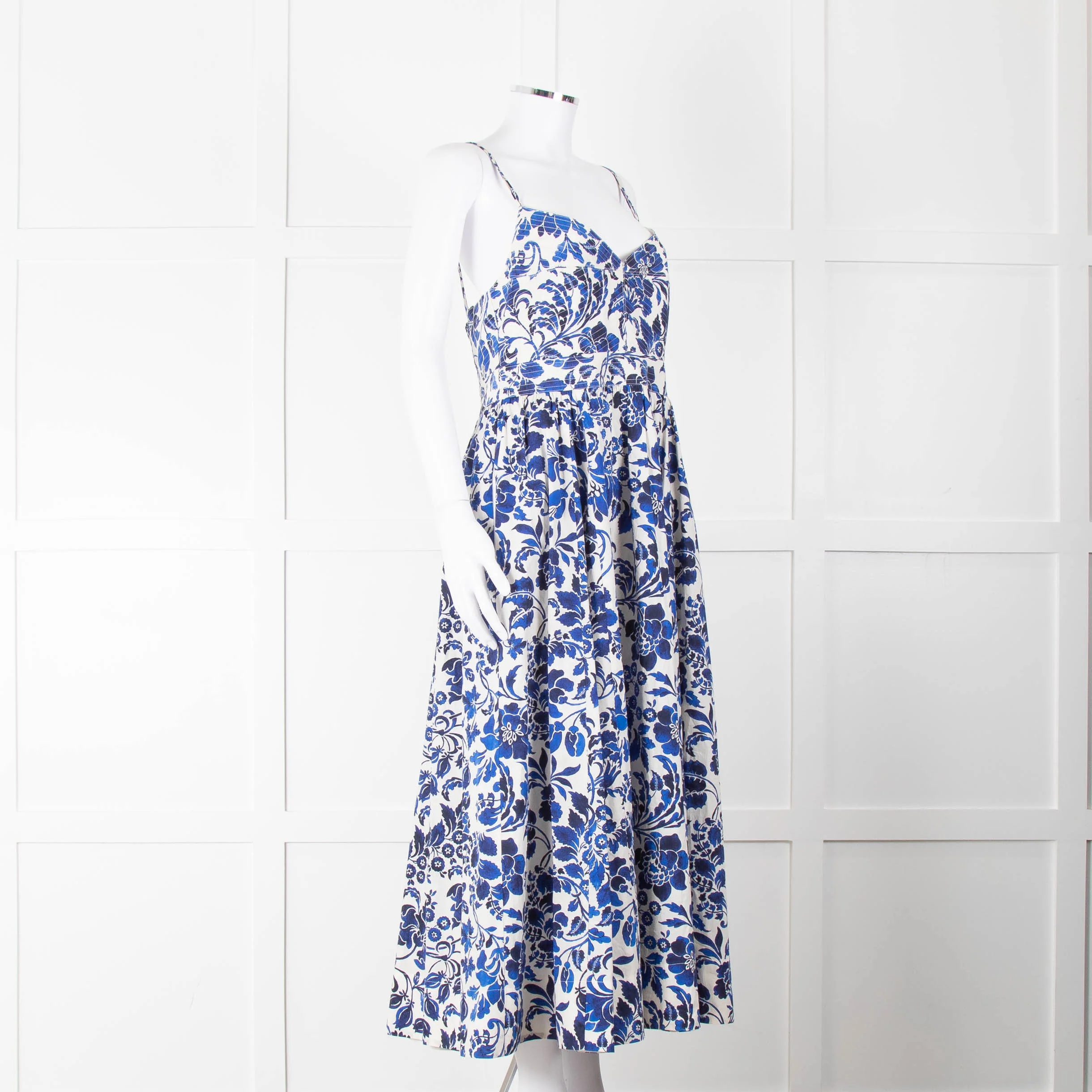 La Ligne White Blue Floral Sleeveless Cotton Midi Dress - Image 2