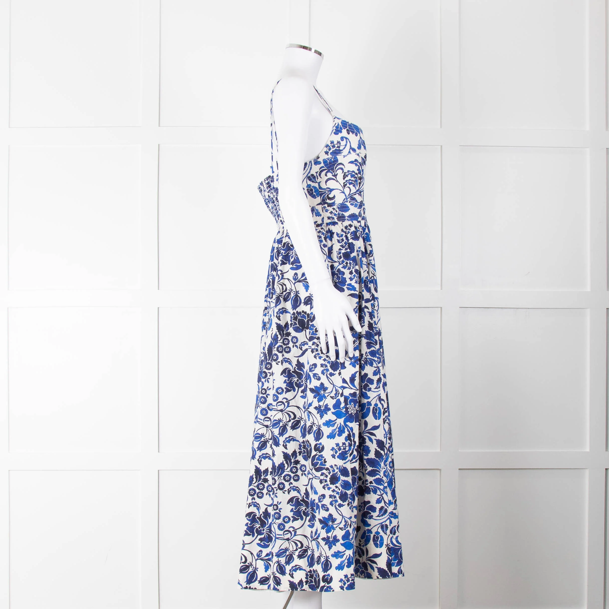 La Ligne White Blue Floral Sleeveless Cotton Midi Dress - Image 3