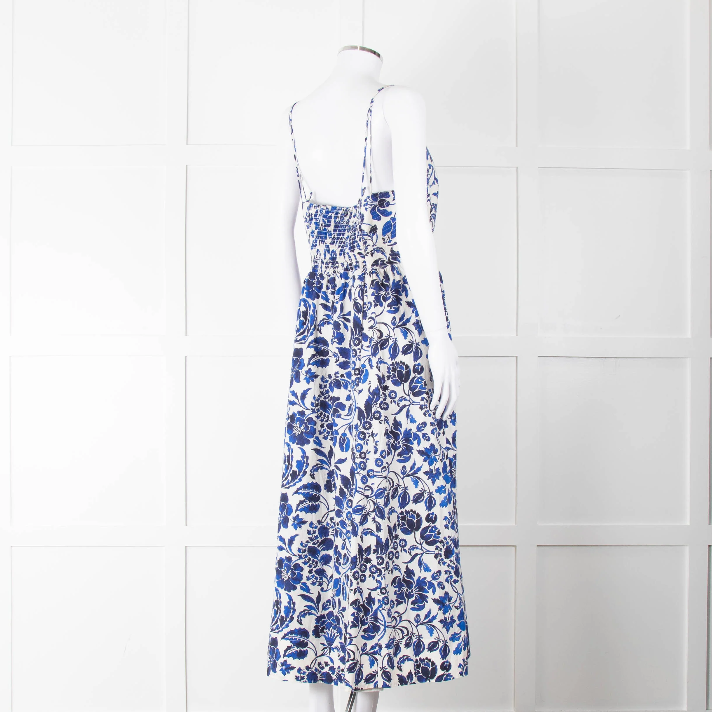 La Ligne White Blue Floral Sleeveless Cotton Midi Dress - Image 4