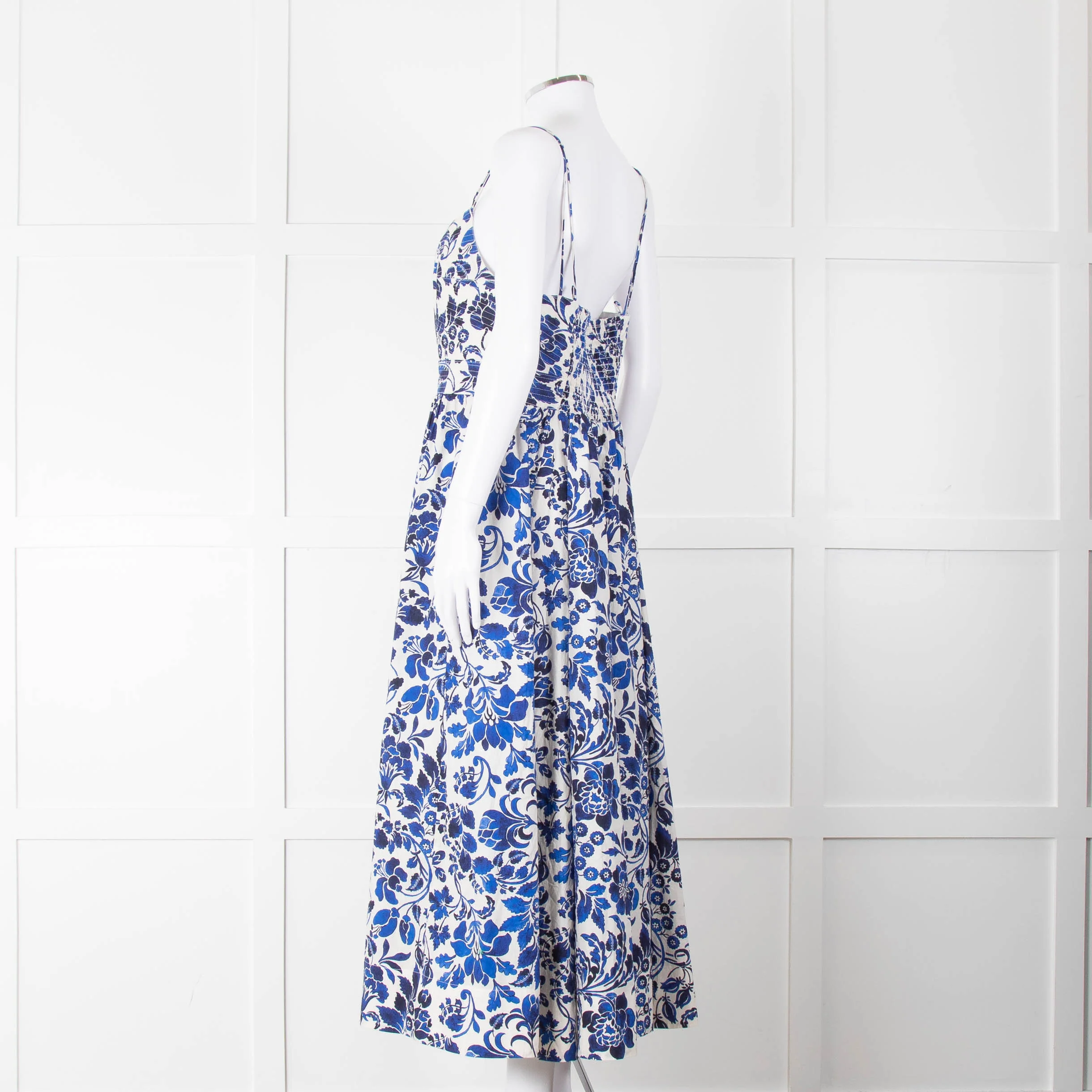 La Ligne White Blue Floral Sleeveless Cotton Midi Dress - Image 6