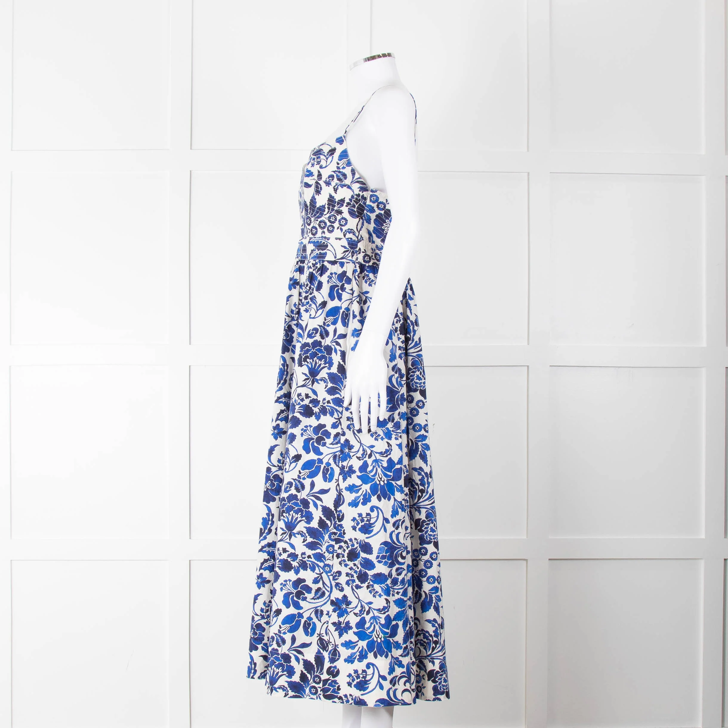 La Ligne White Blue Floral Sleeveless Cotton Midi Dress - Image 7