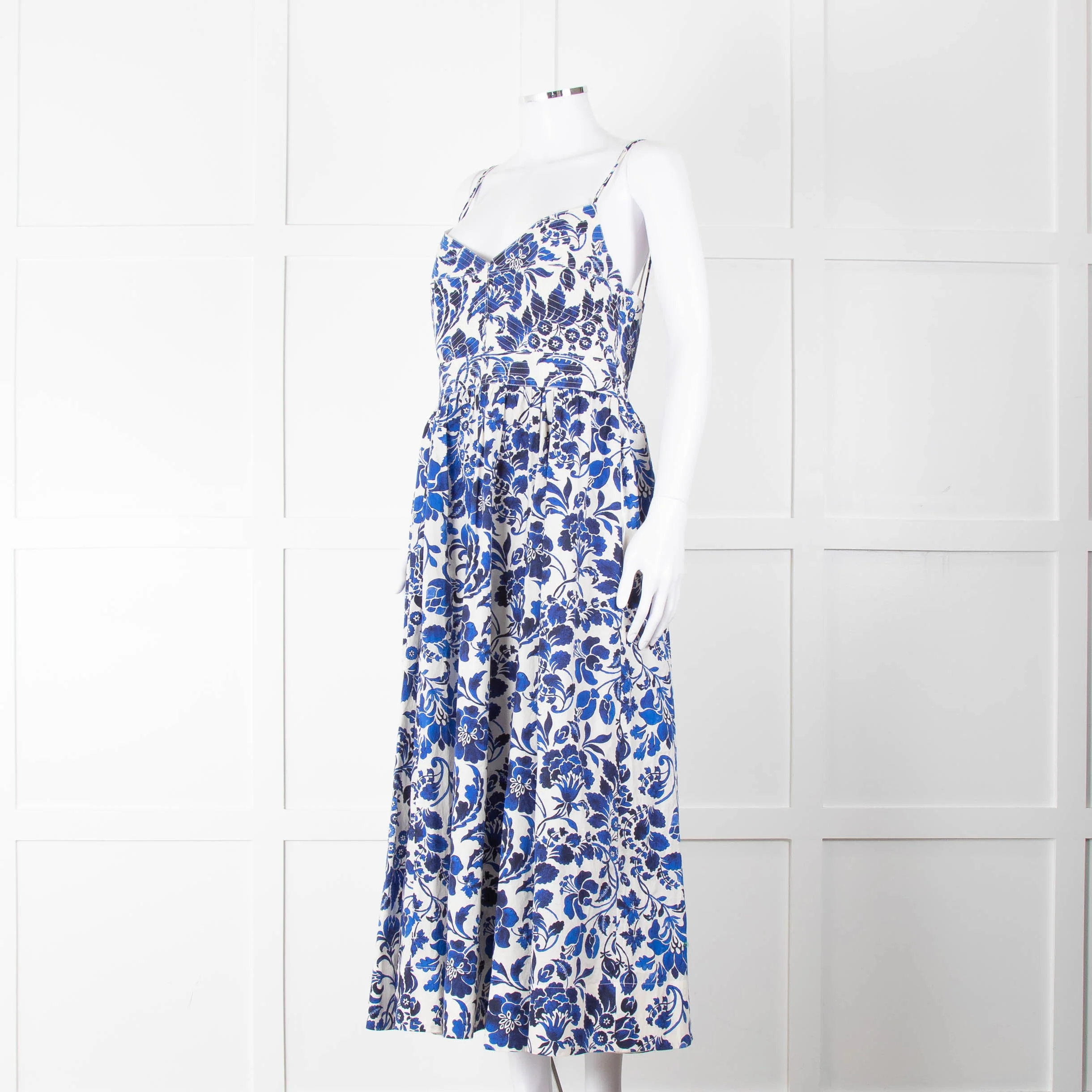 La Ligne White Blue Floral Sleeveless Cotton Midi Dress - Image 8