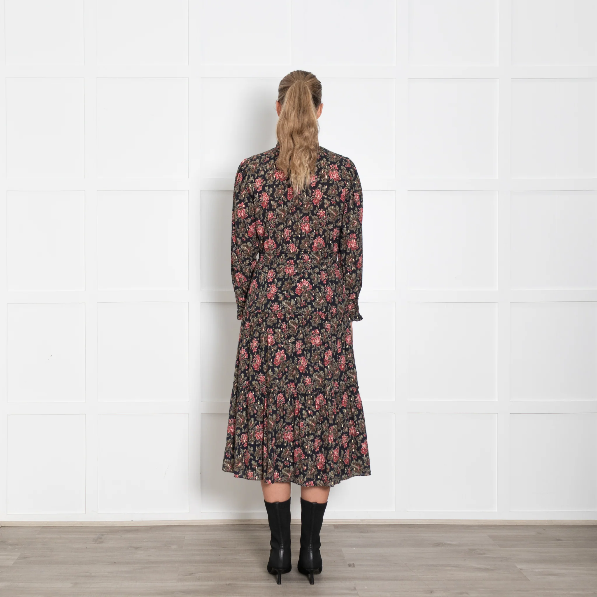 La Vie Navy Burgundy Gold Floral Tiered Midi Dress50 - Image 5
