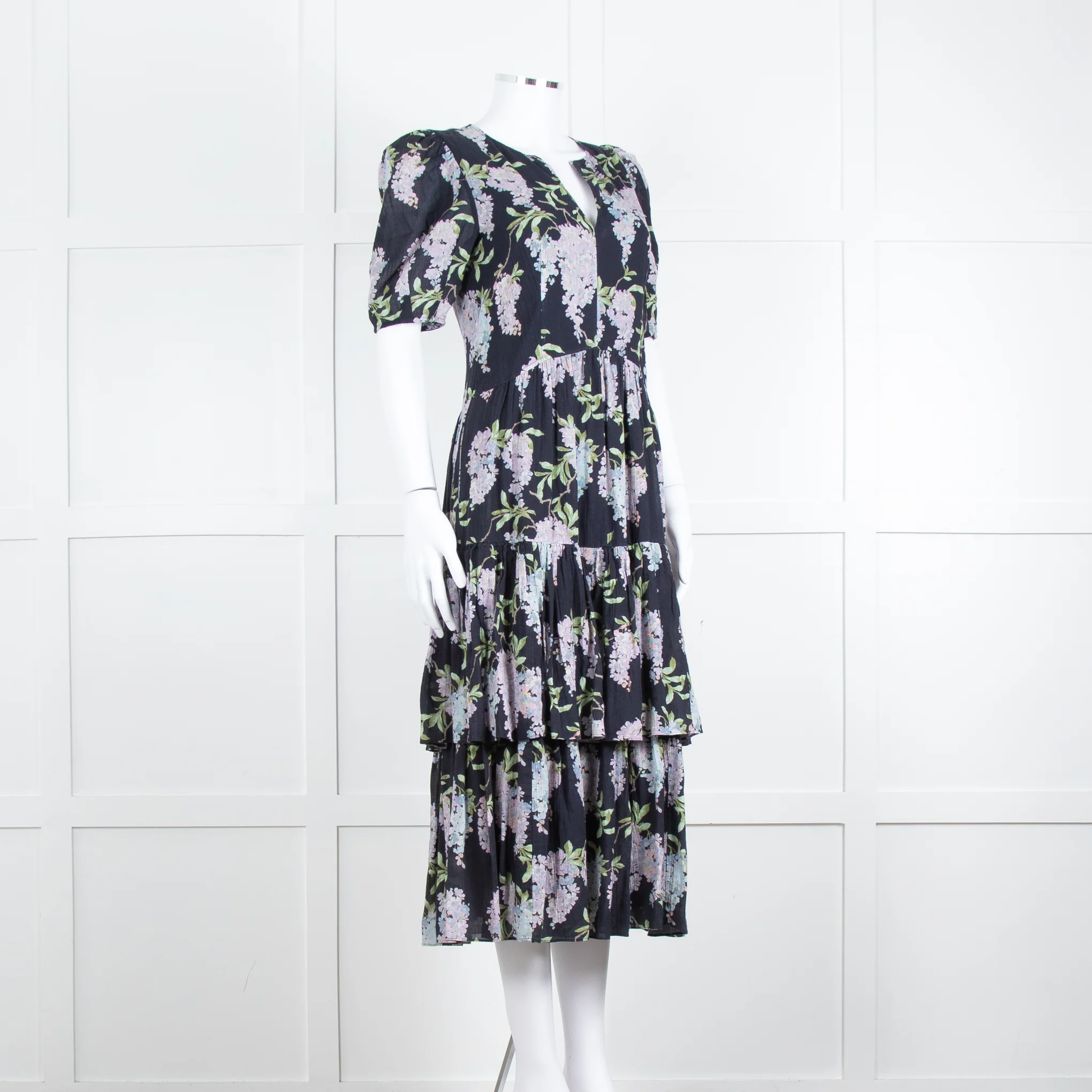 La Vie Rebecca Taylor Black Lilac Green Floral Frill Detail Midi Cotton Dress - Image 2