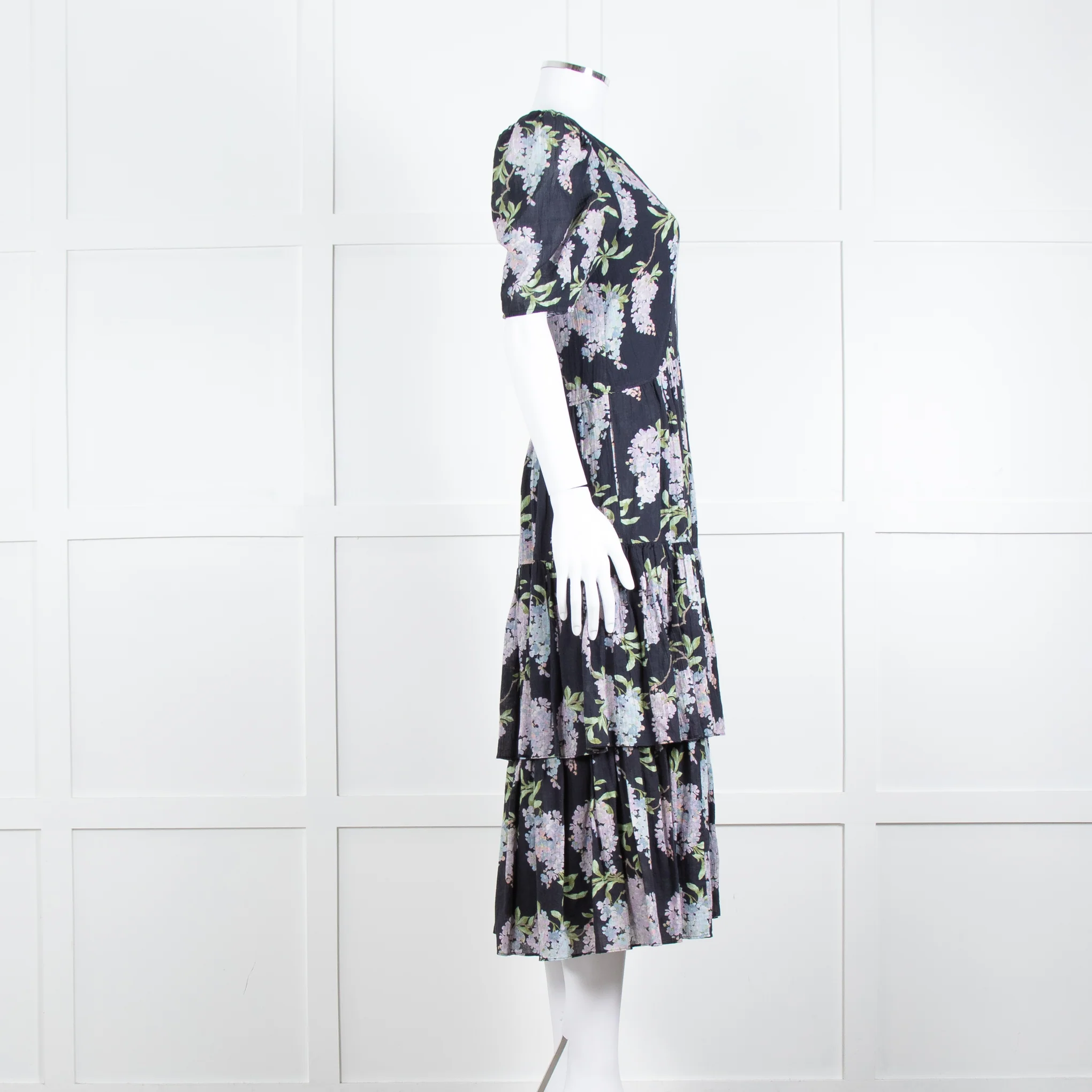 La Vie Rebecca Taylor Black Lilac Green Floral Frill Detail Midi Cotton Dress - Image 3