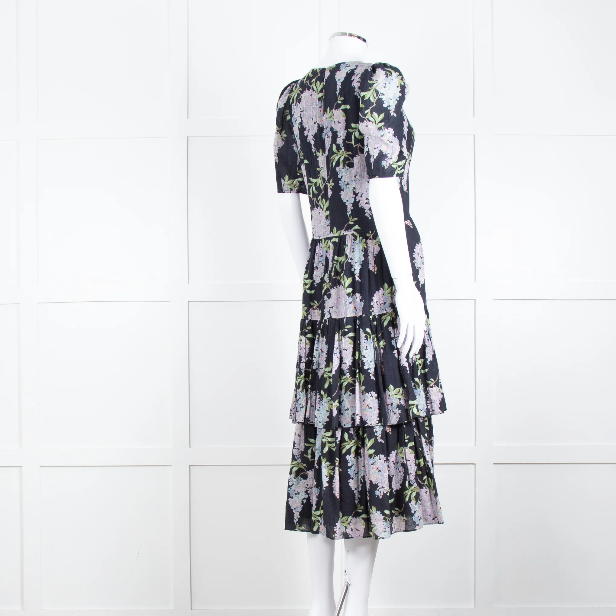 La Vie Rebecca Taylor Black Lilac Green Floral Frill Detail Midi Cotton Dress - Image 4