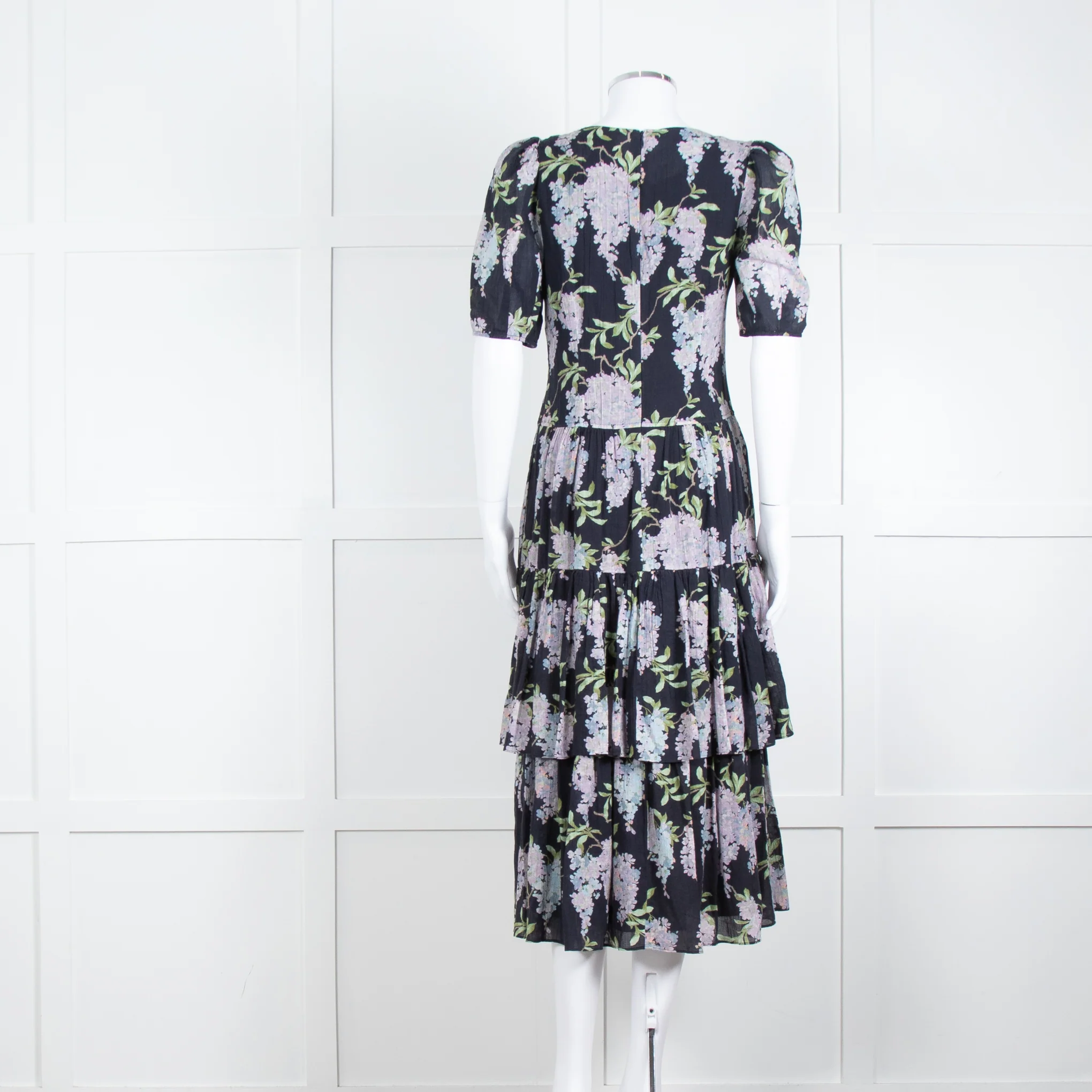 La Vie Rebecca Taylor Black Lilac Green Floral Frill Detail Midi Cotton Dress - Image 5