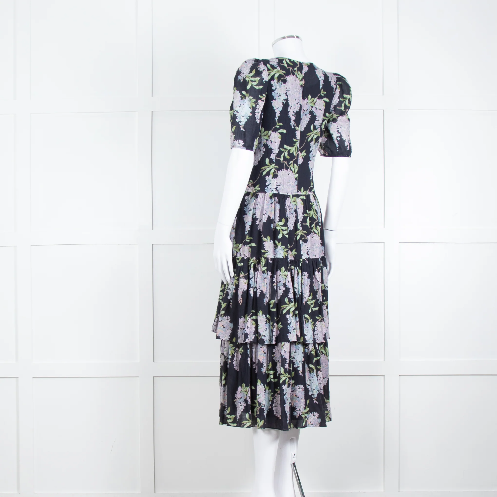 La Vie Rebecca Taylor Black Lilac Green Floral Frill Detail Midi Cotton Dress - Image 6