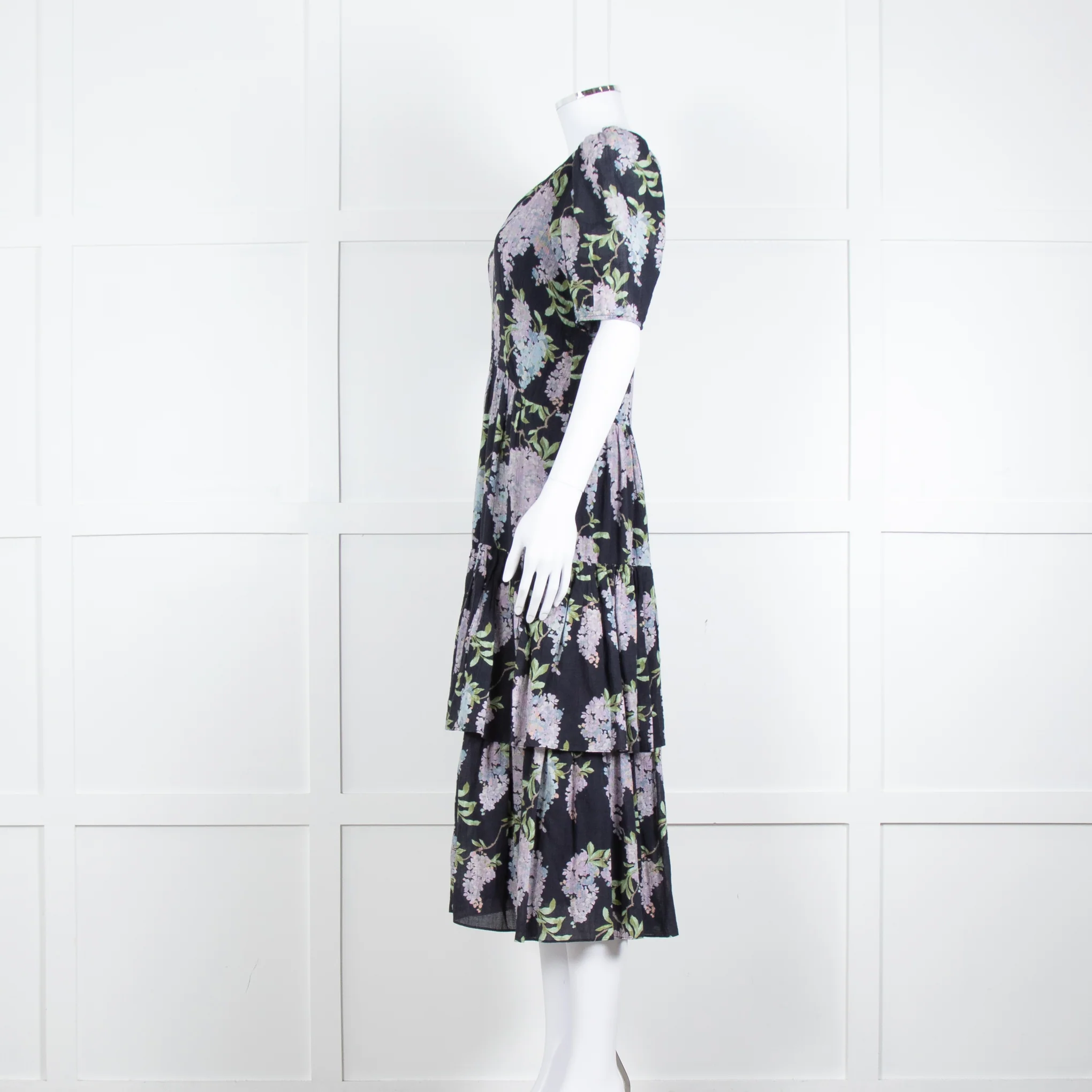 La Vie Rebecca Taylor Black Lilac Green Floral Frill Detail Midi Cotton Dress - Image 7