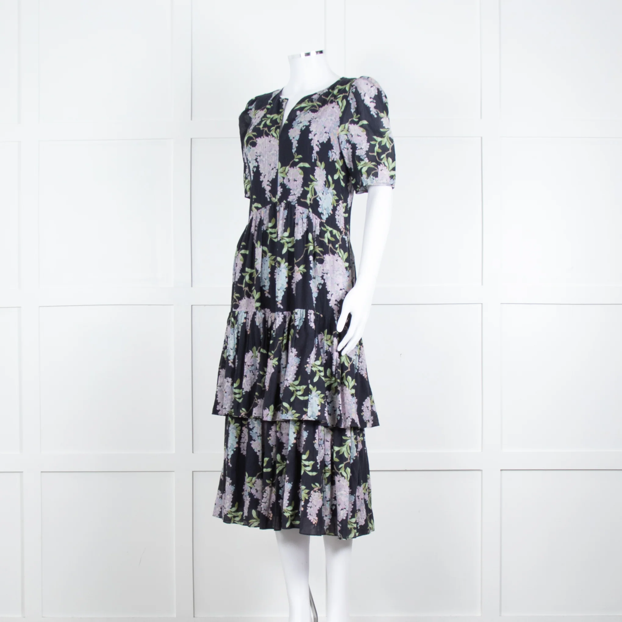 La Vie Rebecca Taylor Black Lilac Green Floral Frill Detail Midi Cotton Dress - Image 8