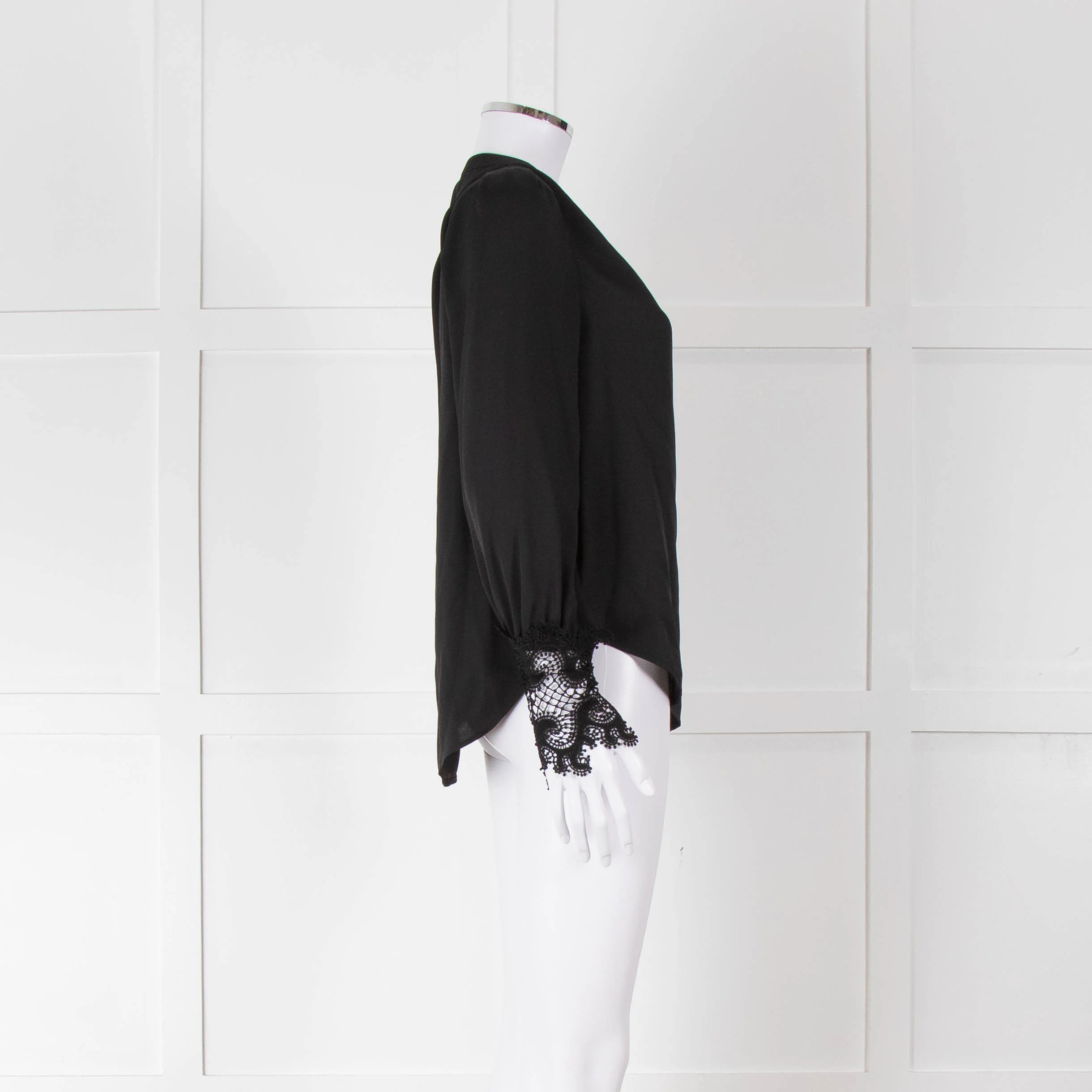 L'Agence Black Collarless Blouse with Lace Cuffs - Image 3