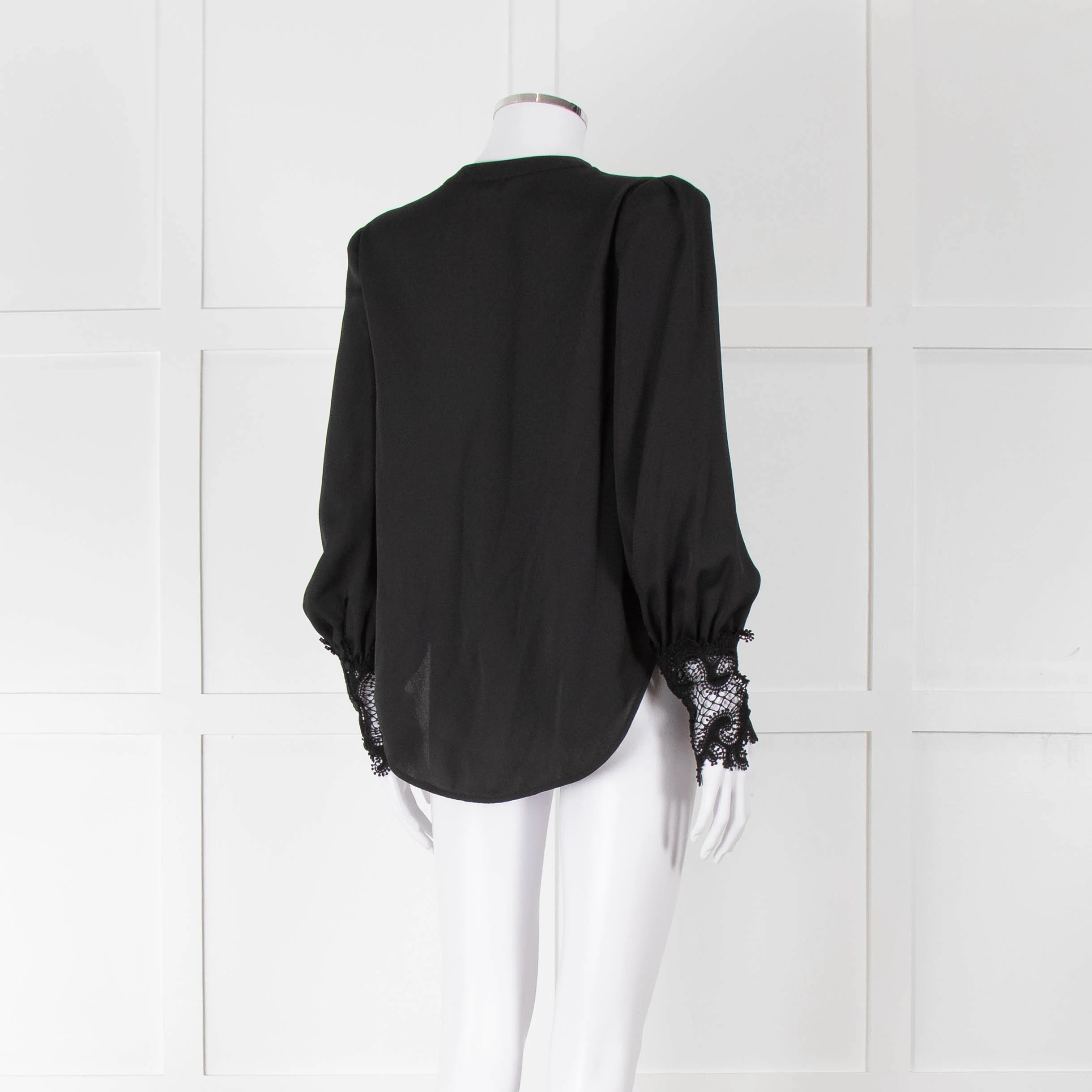 L'Agence Black Collarless Blouse with Lace Cuffs - Image 4
