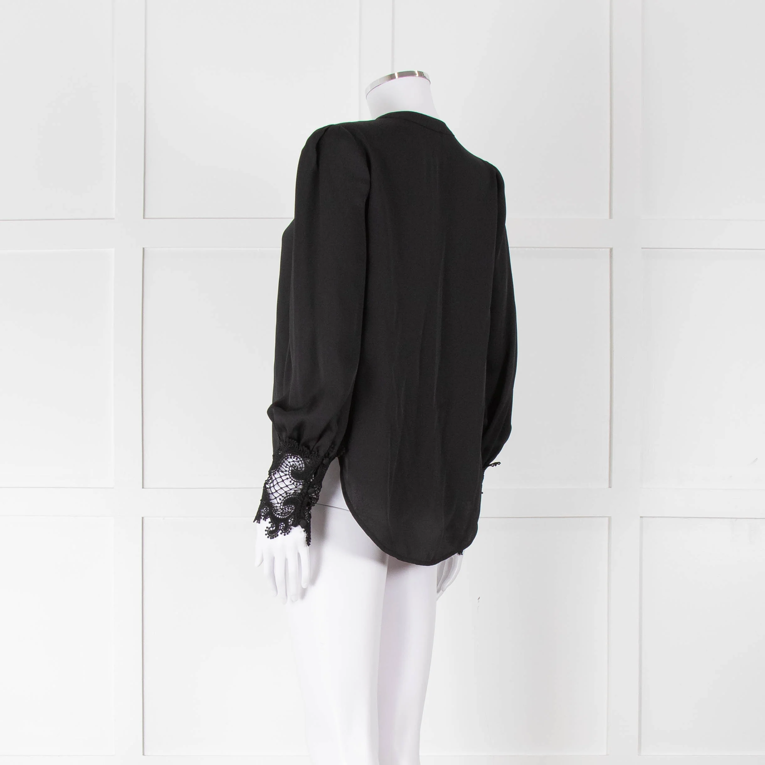 L'Agence Black Collarless Blouse with Lace Cuffs - Image 6