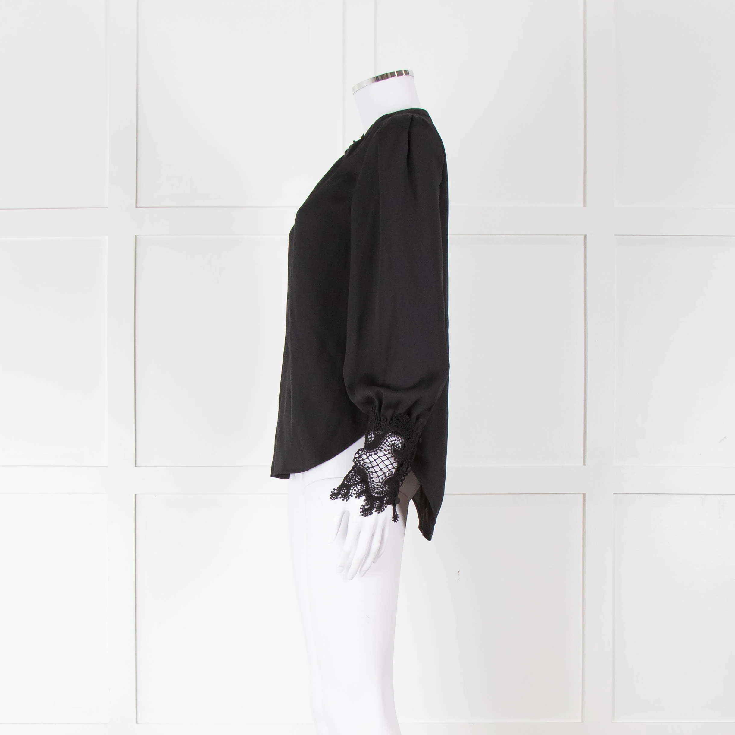 L'Agence Black Collarless Blouse with Lace Cuffs - Image 7