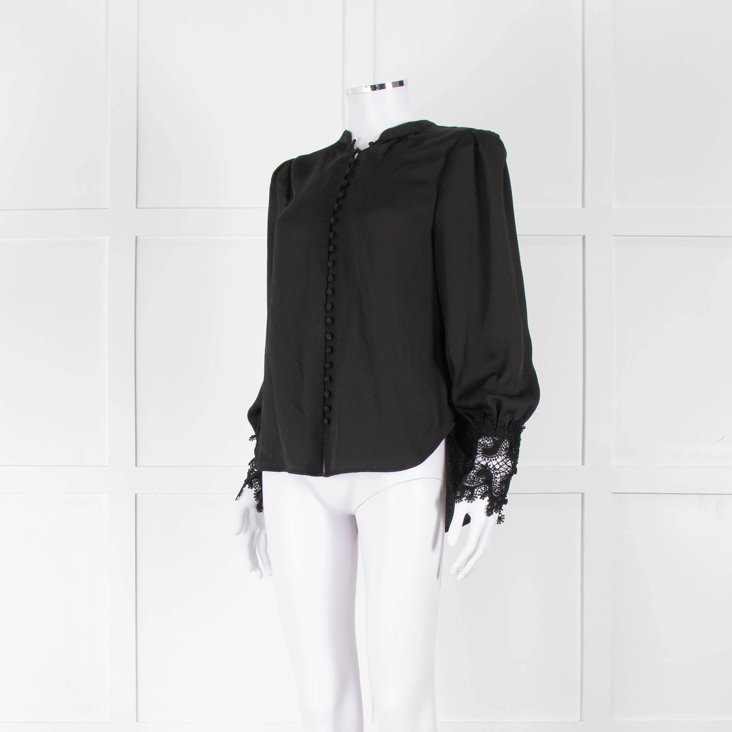 L'Agence Black Collarless Blouse with Lace Cuffs - Image 8