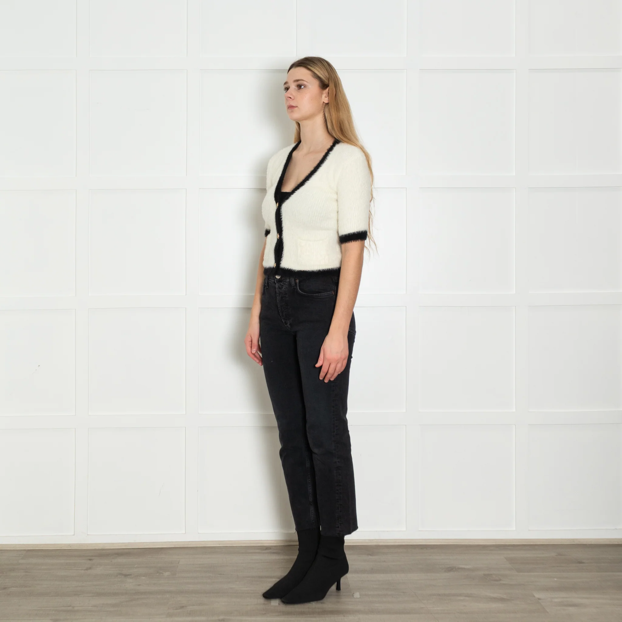 L'Agence Cream Black Gold Button Short Sleeve Cardigan - Image 3