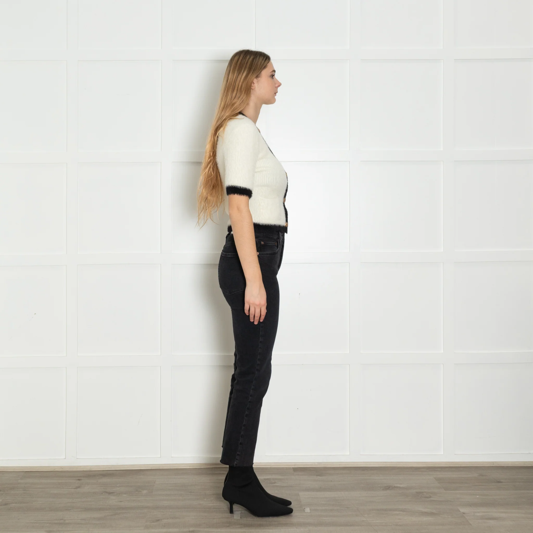 L'Agence Cream Black Gold Button Short Sleeve Cardigan - Image 6