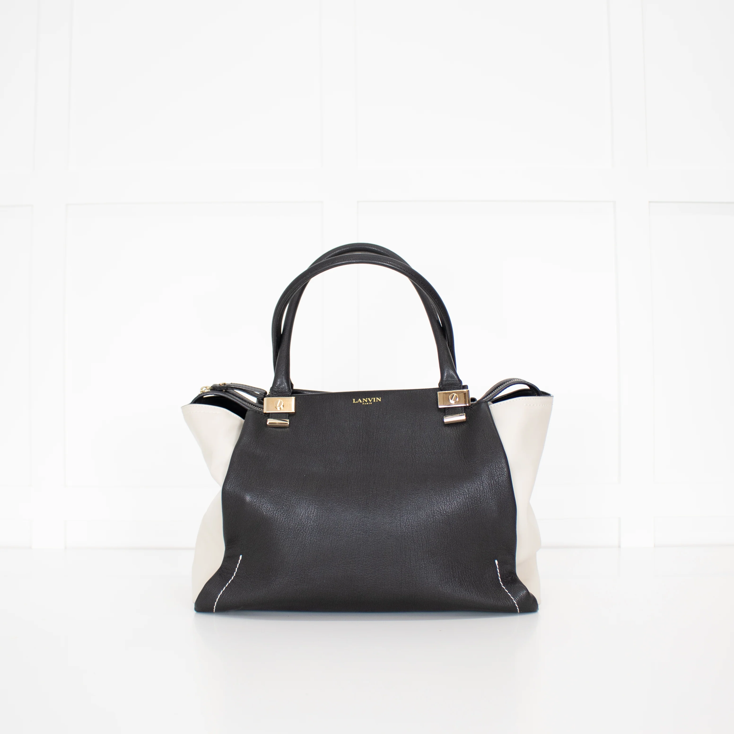 Lanvin Black Cream Trilogy Leather Tote Bag