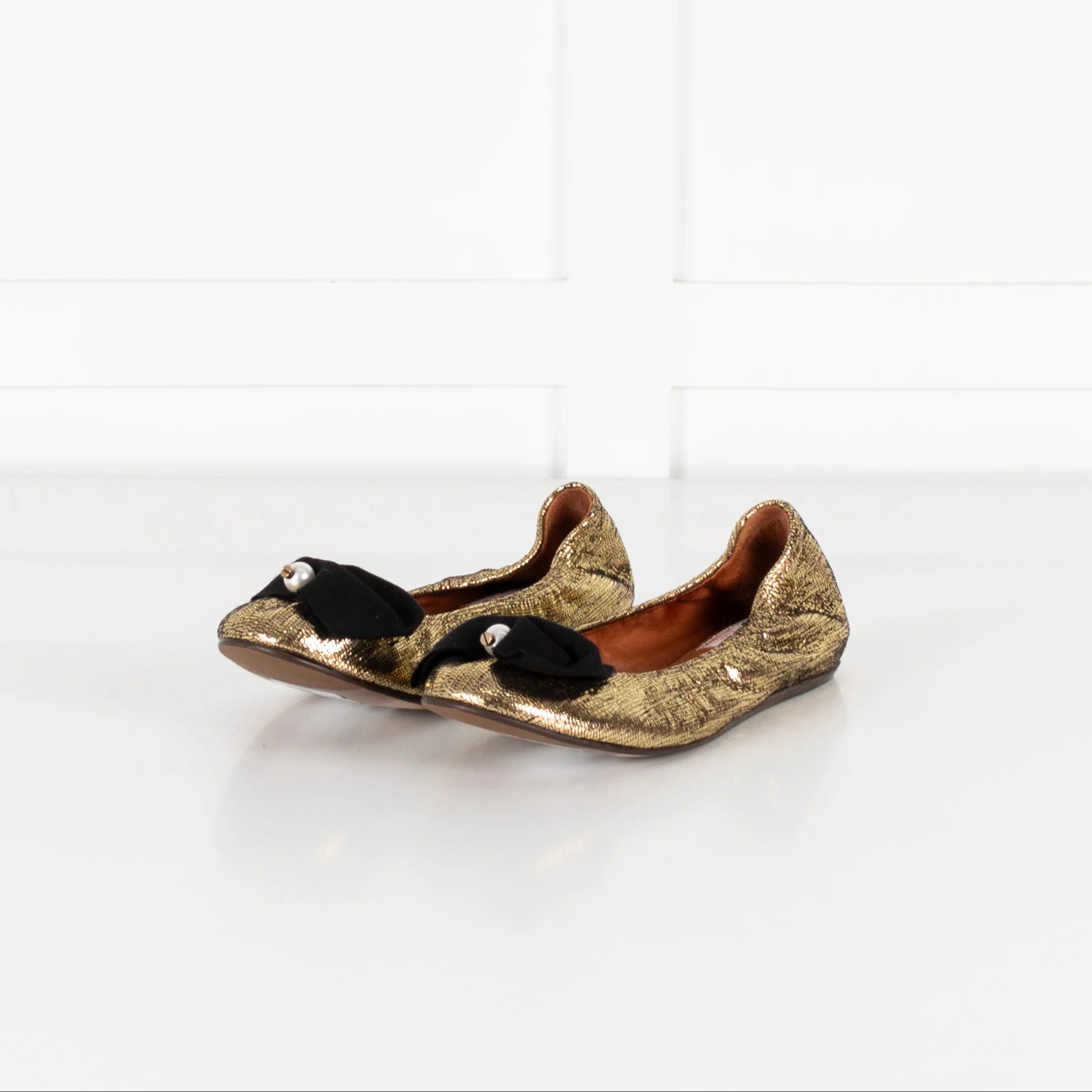 Lanvin Gold Faux Pearl Bow Flat Pumps