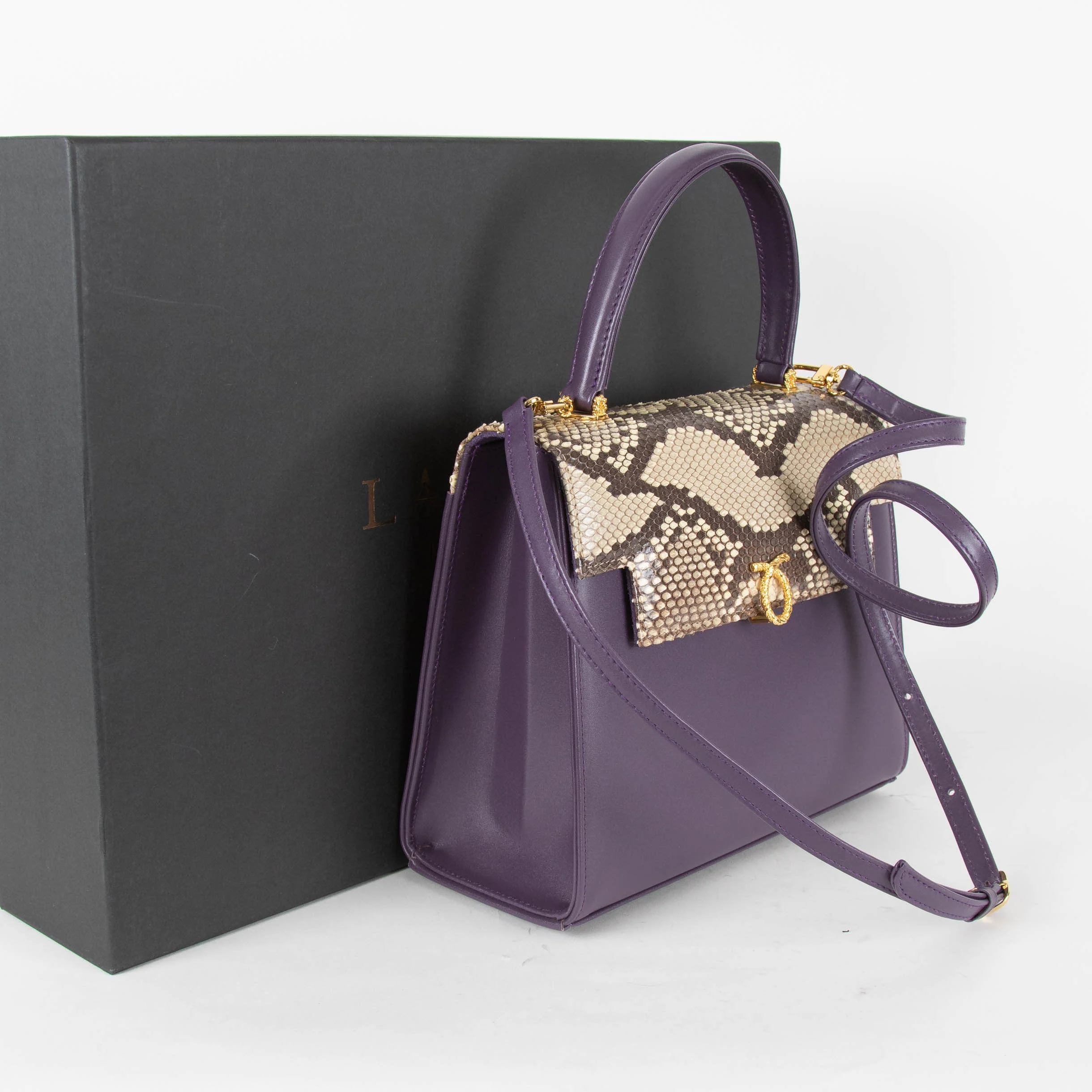 Launer London Purple Leather Brown Snake Skin Top Traviata Bag - Image 2