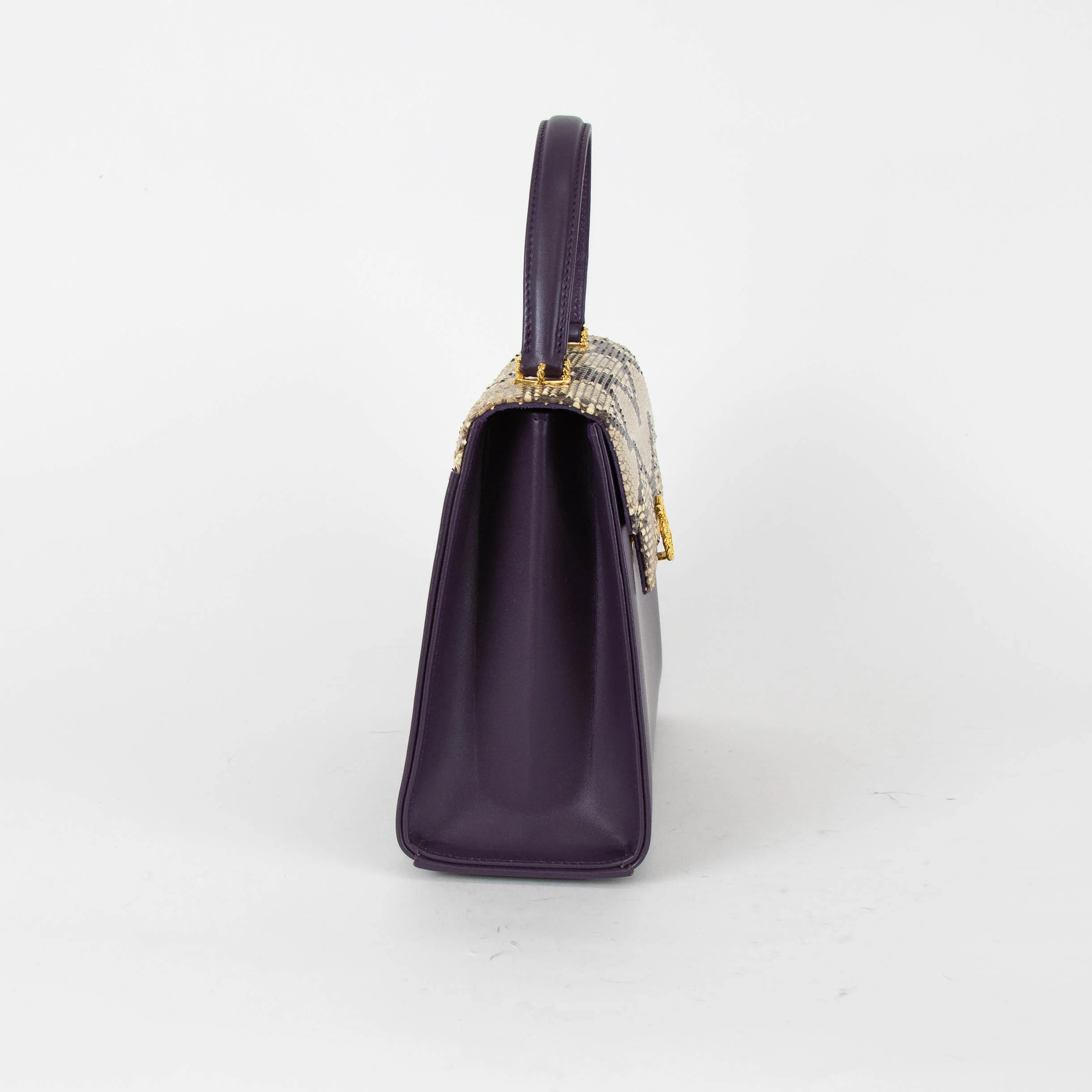 Launer London Purple Leather Brown Snake Skin Top Traviata Bag - Image 3