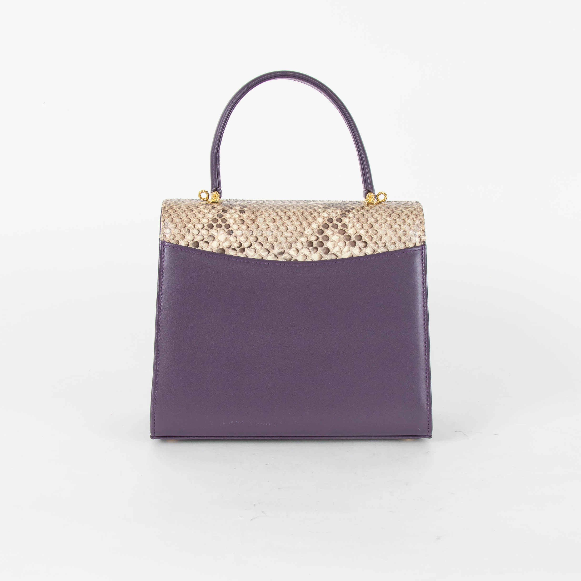 Launer London Purple Leather Brown Snake Skin Top Traviata Bag - Image 4