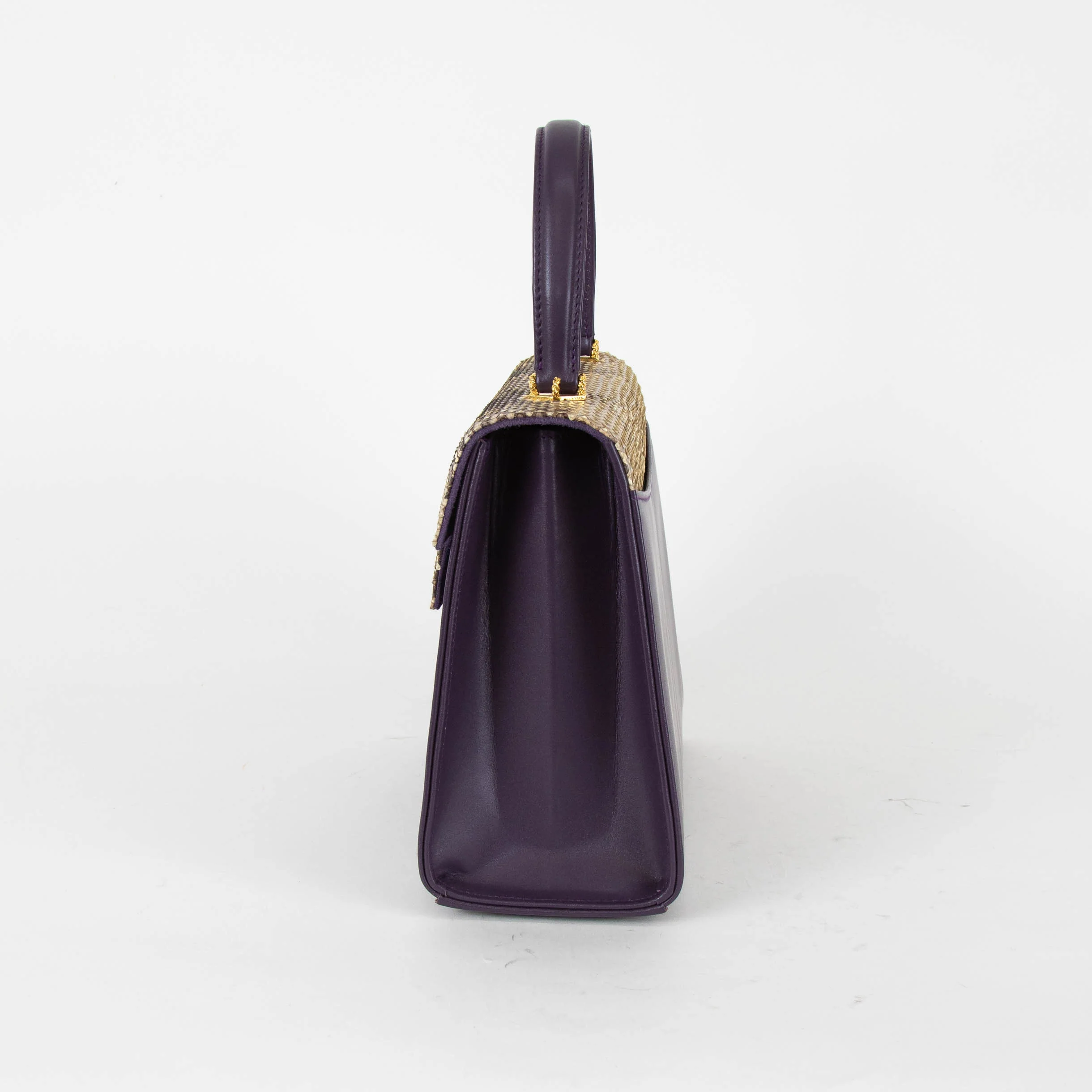 Launer London Purple Leather Brown Snake Skin Top Traviata Bag - Image 5