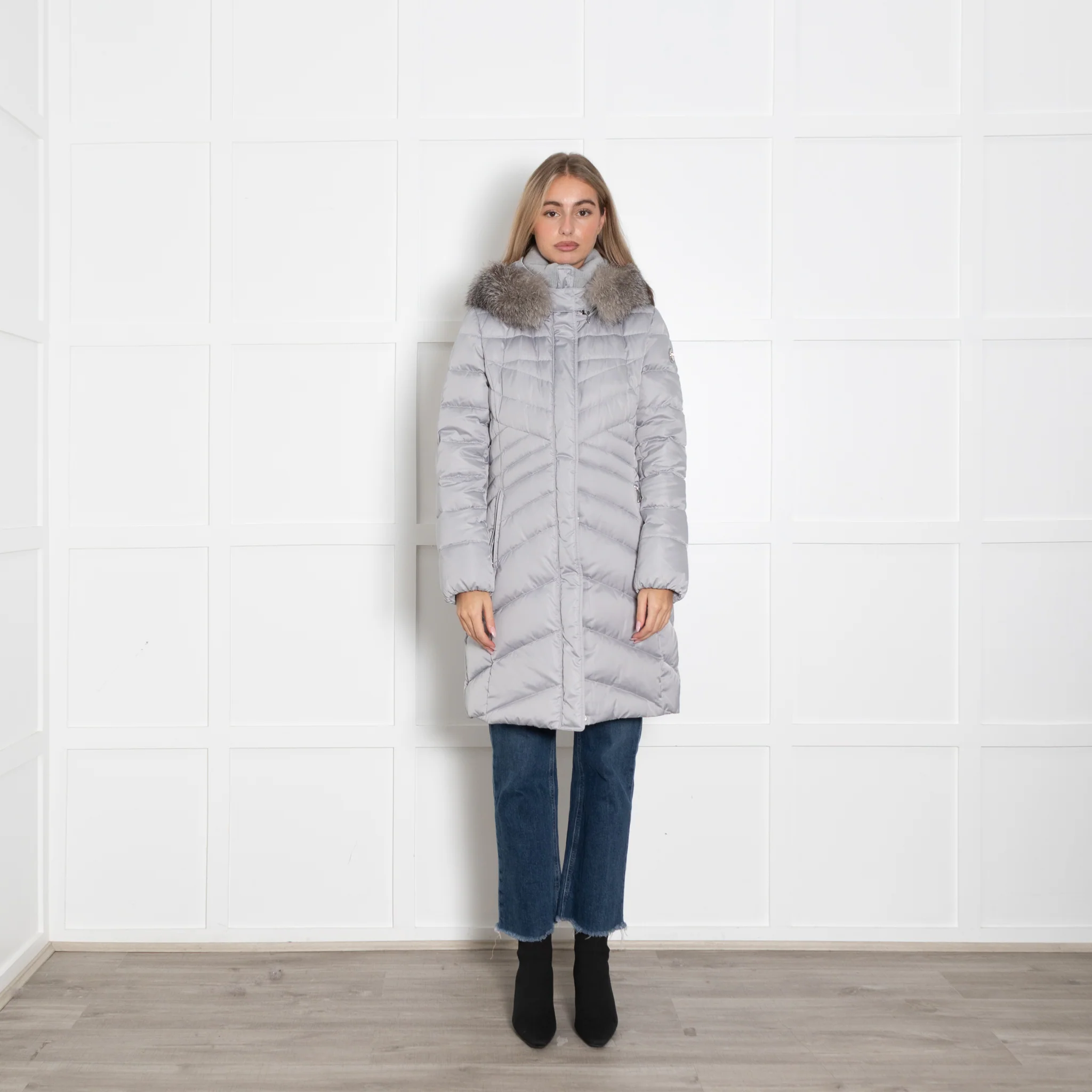 Laurel Grey Nylon Puffer Jaclkey with Fur Trim Hood